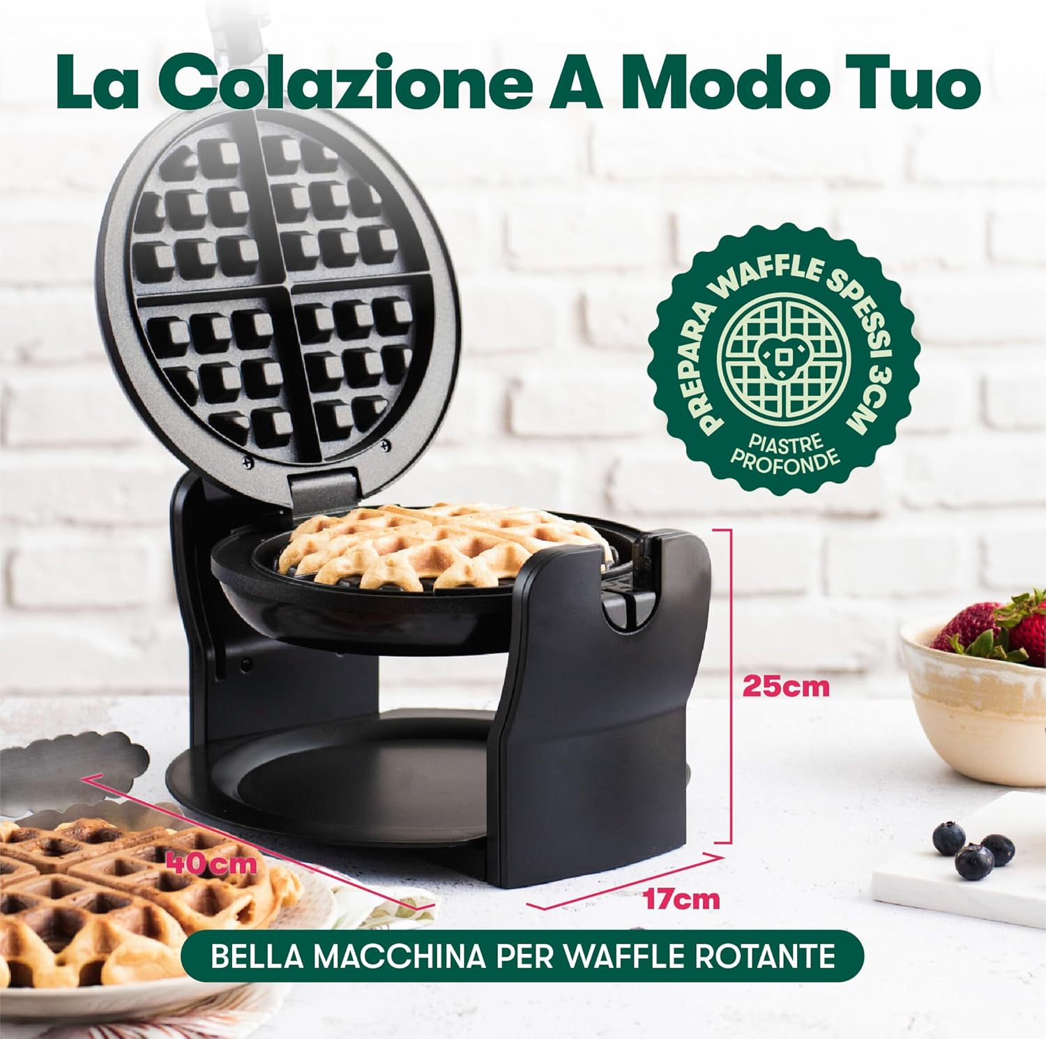 Bella – gaufrier rotatif classique, plaques antiadhésives, bac amovible, contrôle brunissement