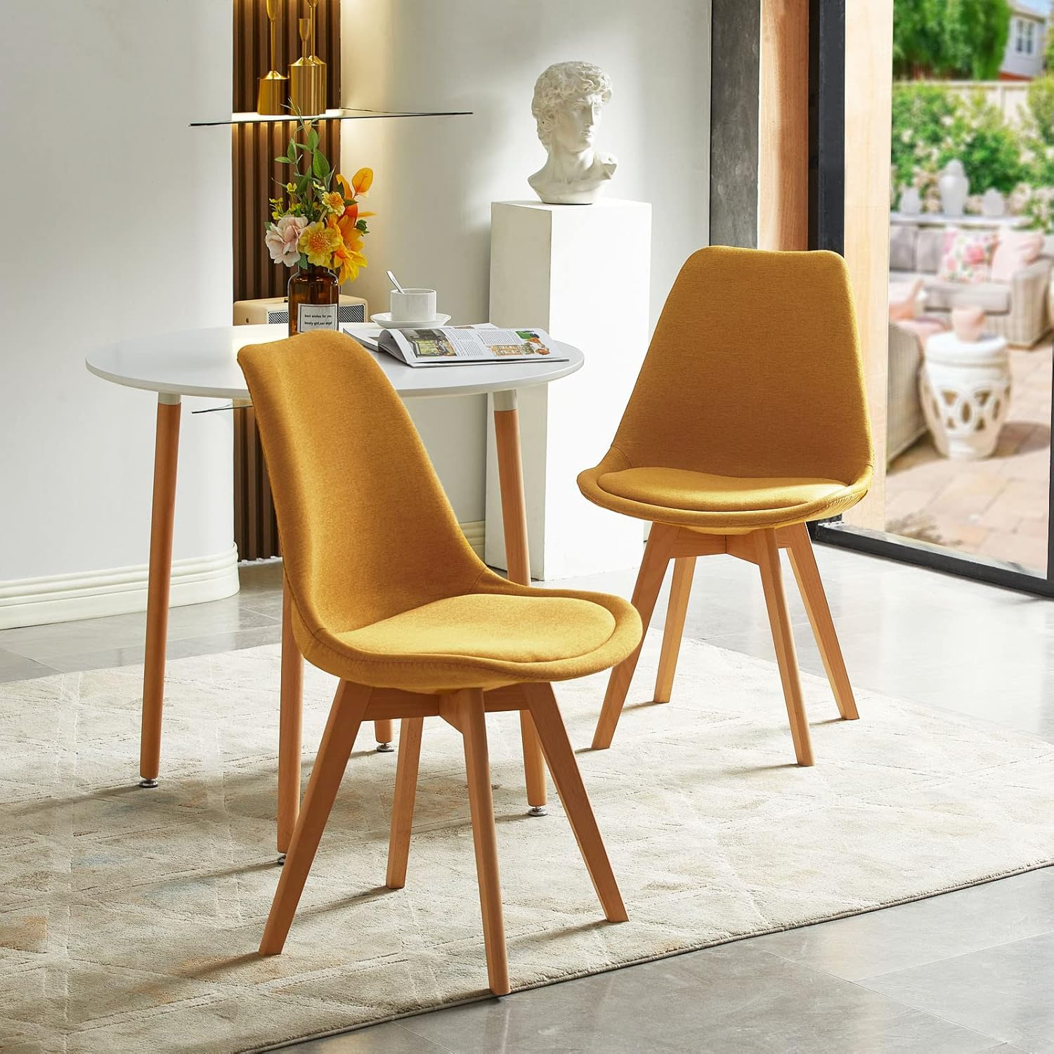 EGGREE - Lot de 2 chaises scandinaves tissu lin jaune, bois hêtre, rembourrées