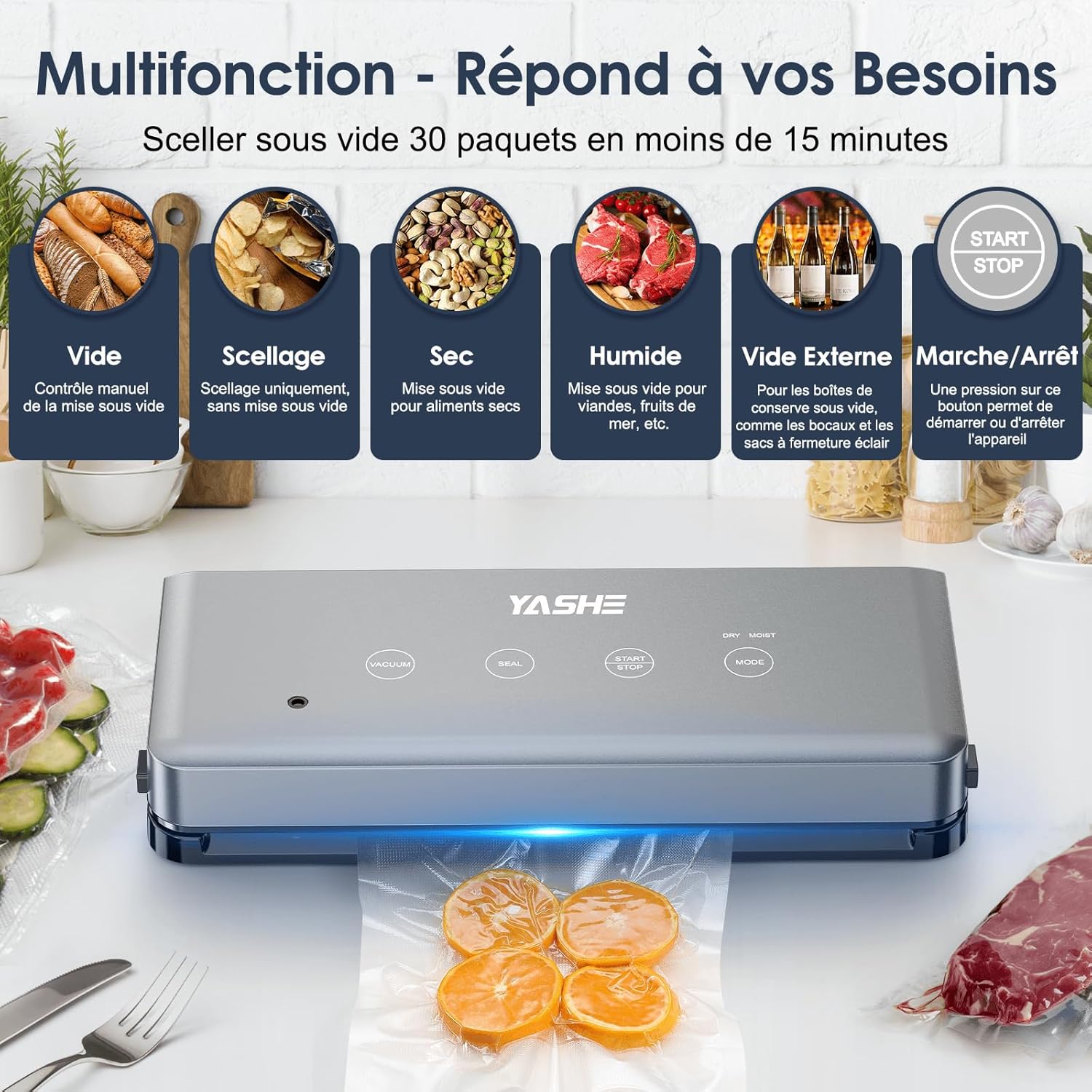 YASHE - Machine Sous Vide 5 en 1 - modes sec/humide, multifonction, conservation aliments