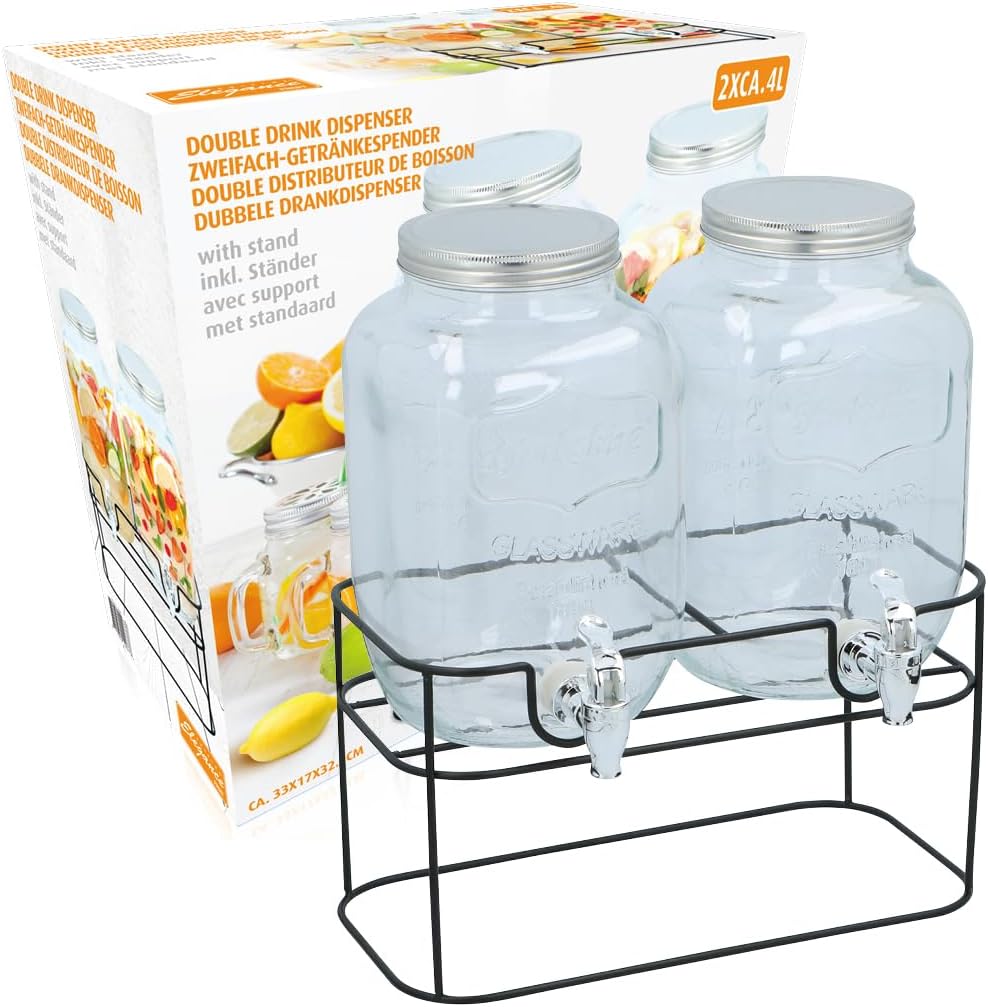 Double Distributeur de Boissons - 2x4L, support inclus, 33x17x32cm