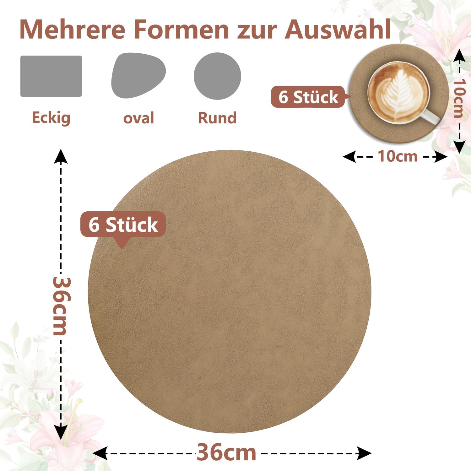 Set de Table - lot de 6 ronds PU double face 36x36cm, lavables, antidérapants, Kaki