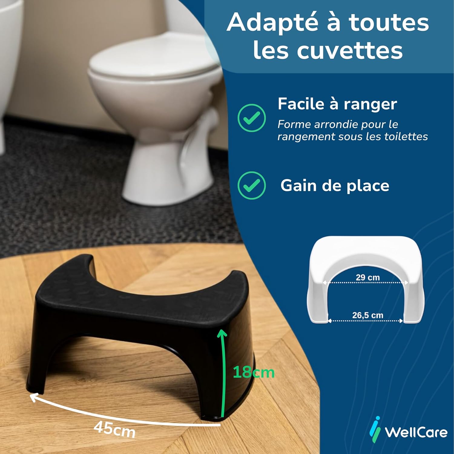 Tabouret de toilette - plastique recyclé noir - fabriqué en France - position squat anti constipation - dimensions compa