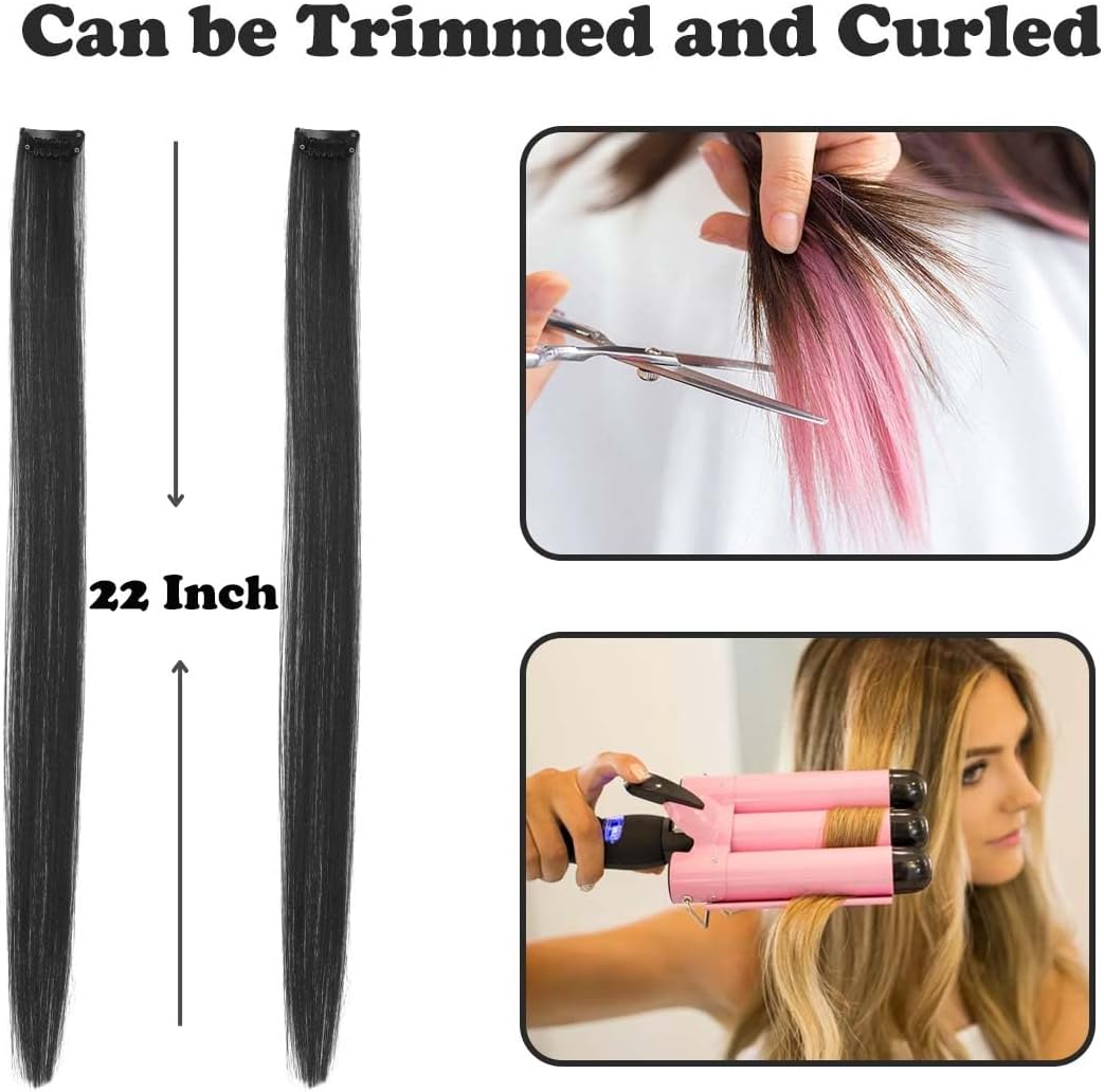 Extensions cheveux colorées à clipser, 12 pcs, noir, mèches longues