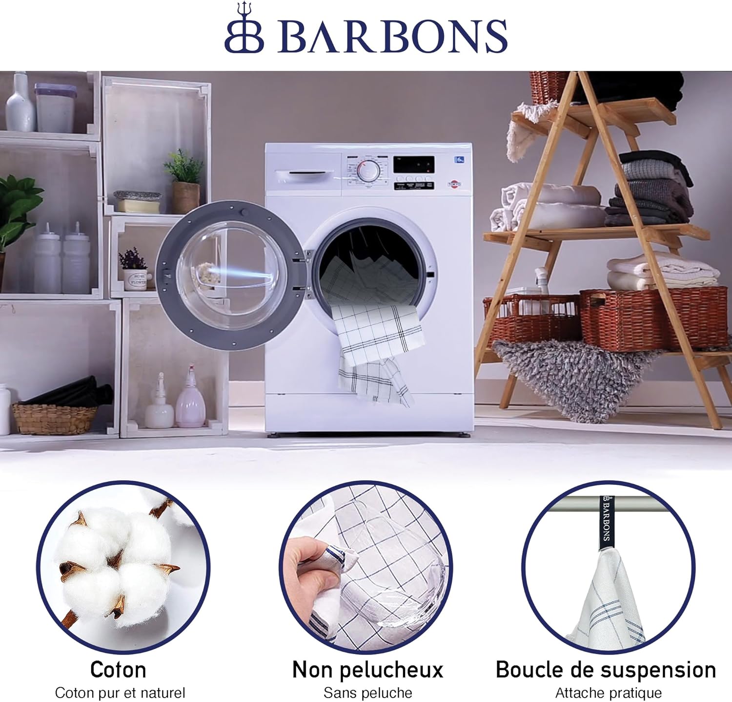 BARBONS - Lot de 10 torchons 50x70 cm - coton absorbant, carreaux, bleu