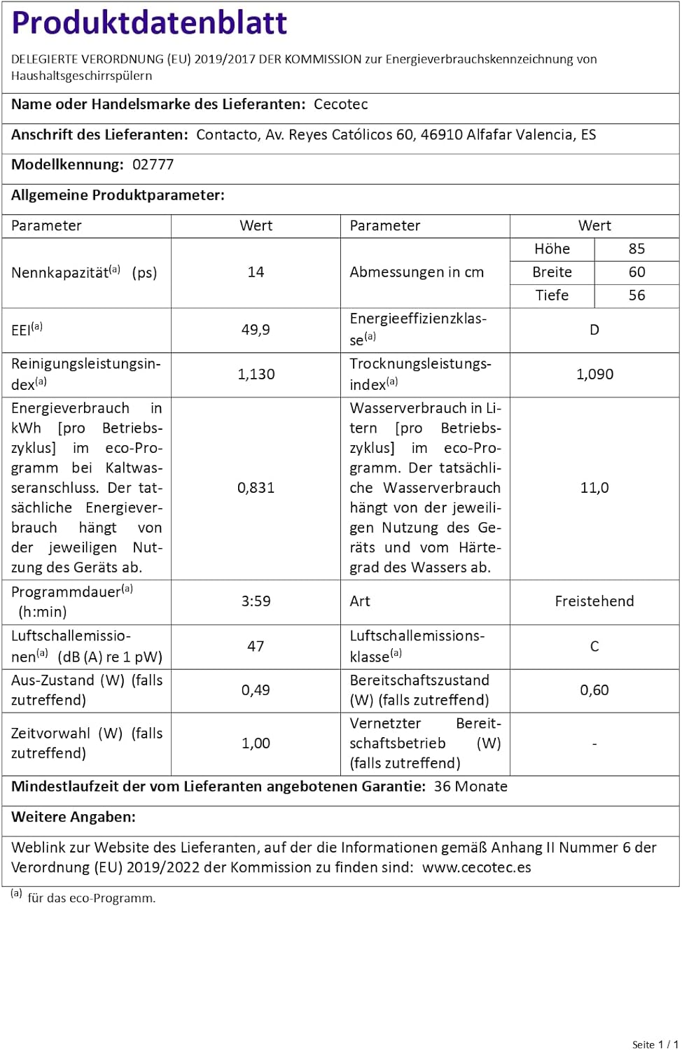 Cecotec - Bolero Aguazero 6200 Dark - 60 cm - 14 couverts, 6 programmes, Turbo Dry+, départ différé, 1850W