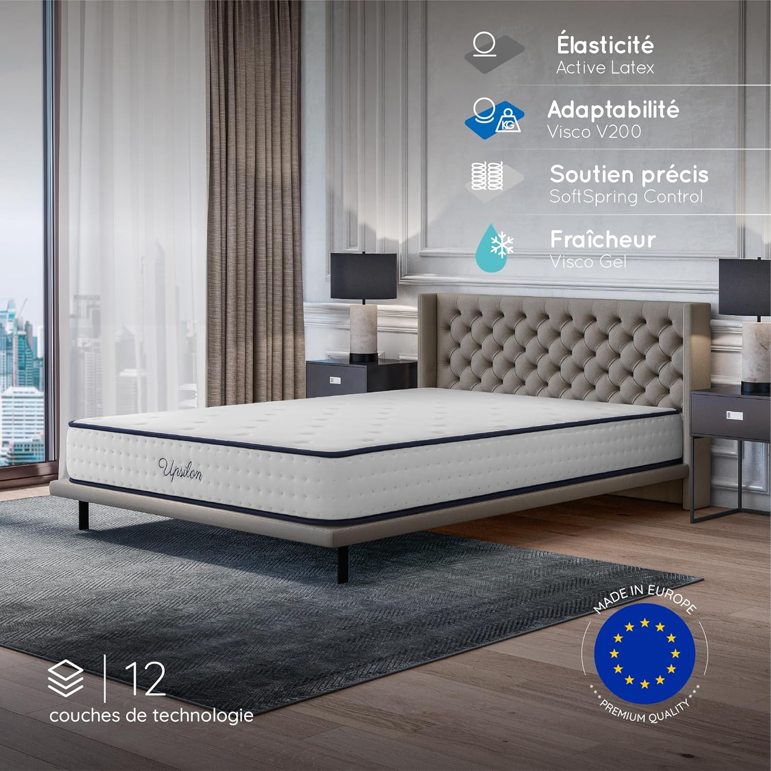 COSMOS - Upsilon série hybride - 140x200 cm - mémoire de forme, latex, ressorts, 7 zones, mi-ferme