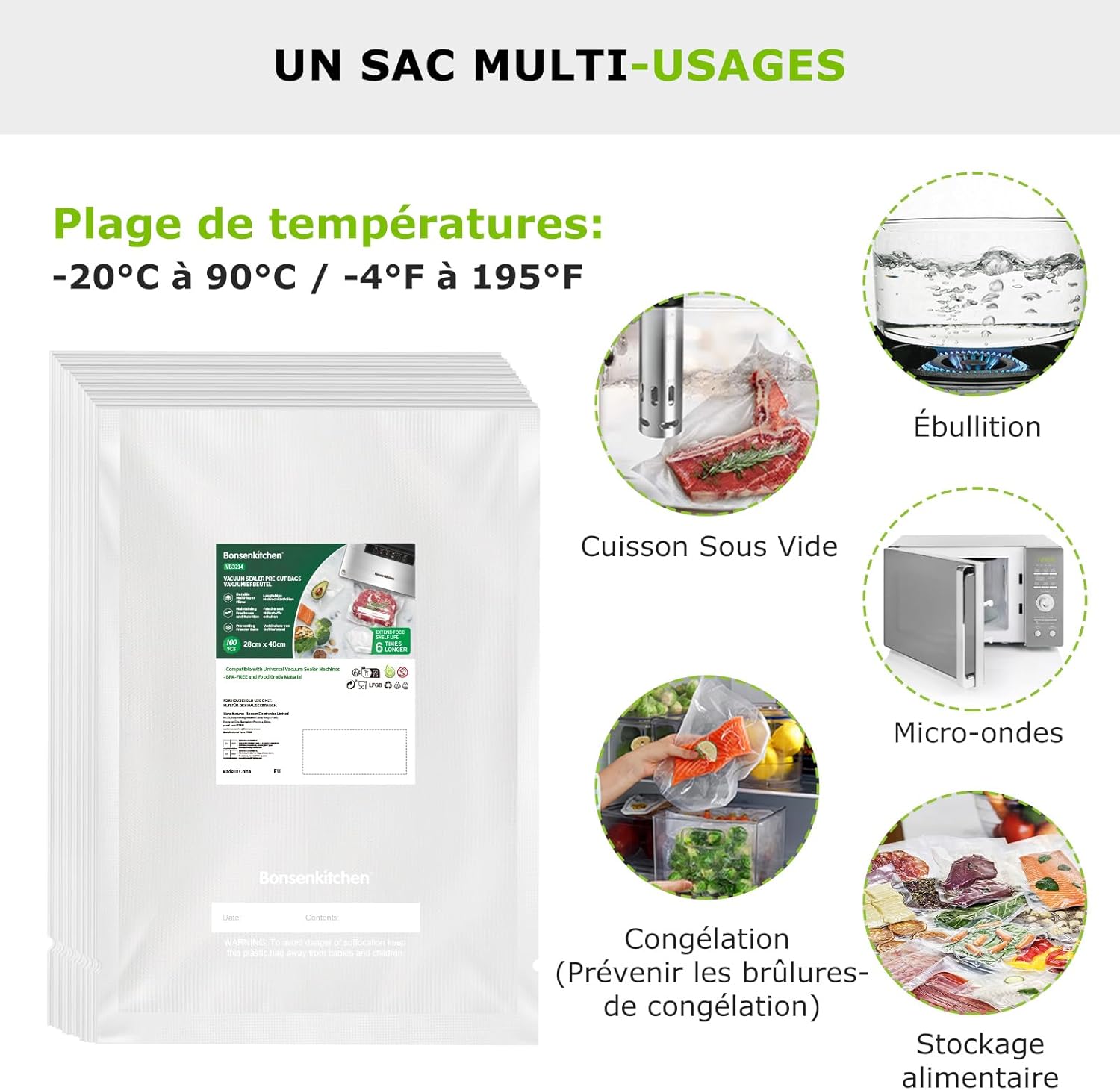 Bonsenkitchen - sacs sous vide série VB - 28x40 cm, 100 pièces, sans BPA, VB3214