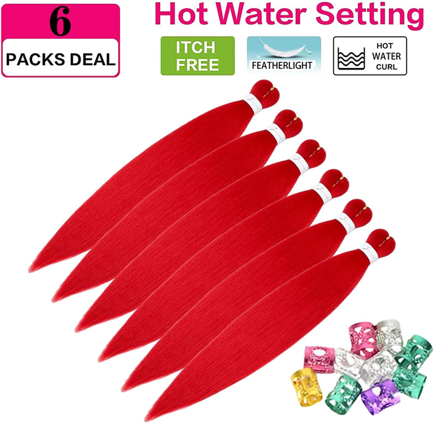 Rajout cheveux tressés - pré-étiré 30 pouces - kanekalon, 6 paquets, lisse, rouge, yaki