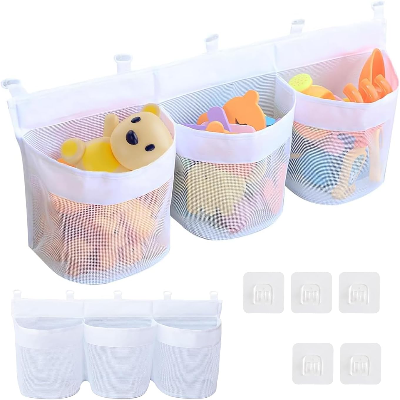 Filet de rangement jouets bain 3 compartiments, grande capacité, maille respirante, 4 crochets adhésifs