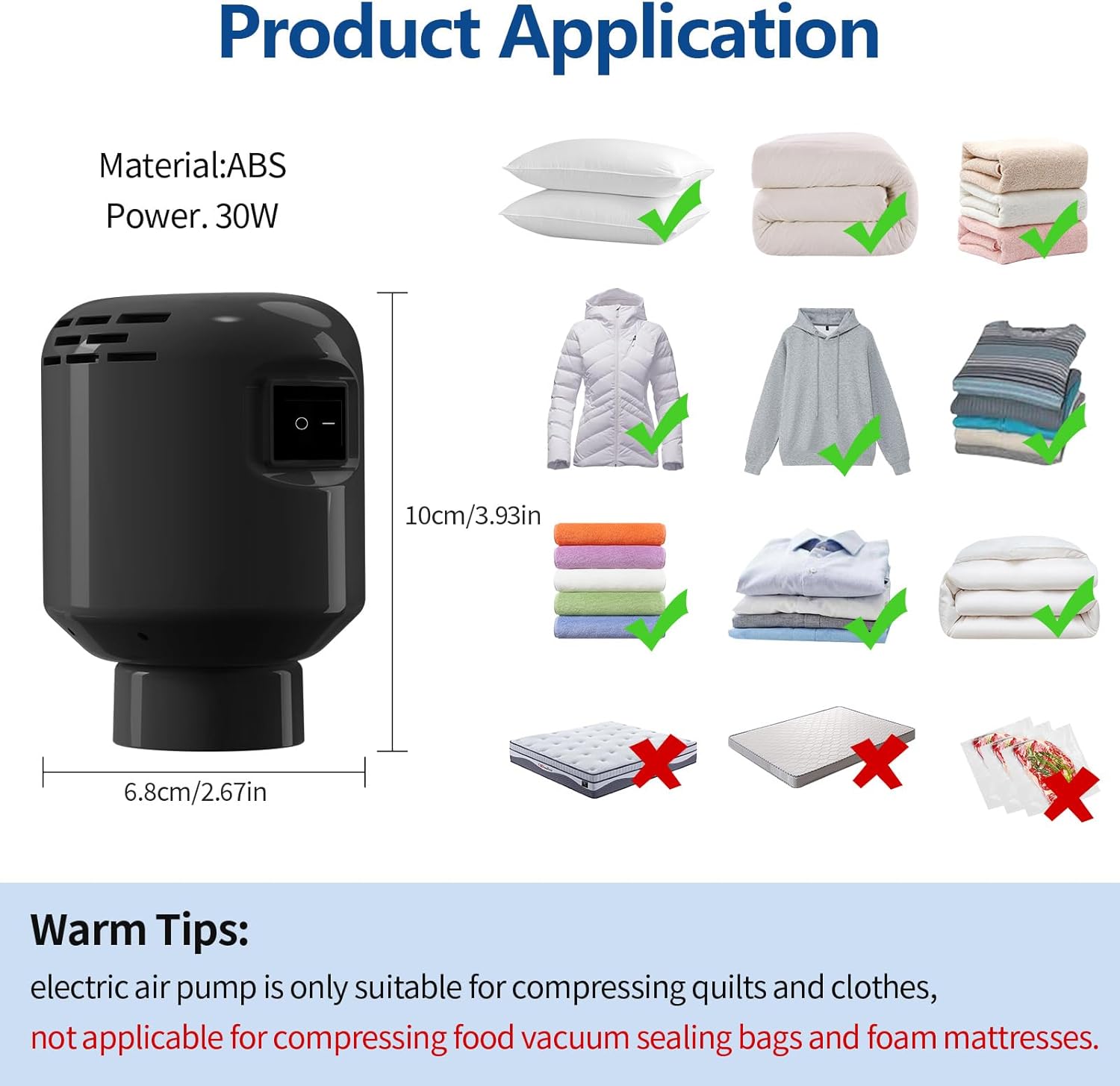 Pompe à air électrique portable 55W 220V, compacte, vêtements BALCK