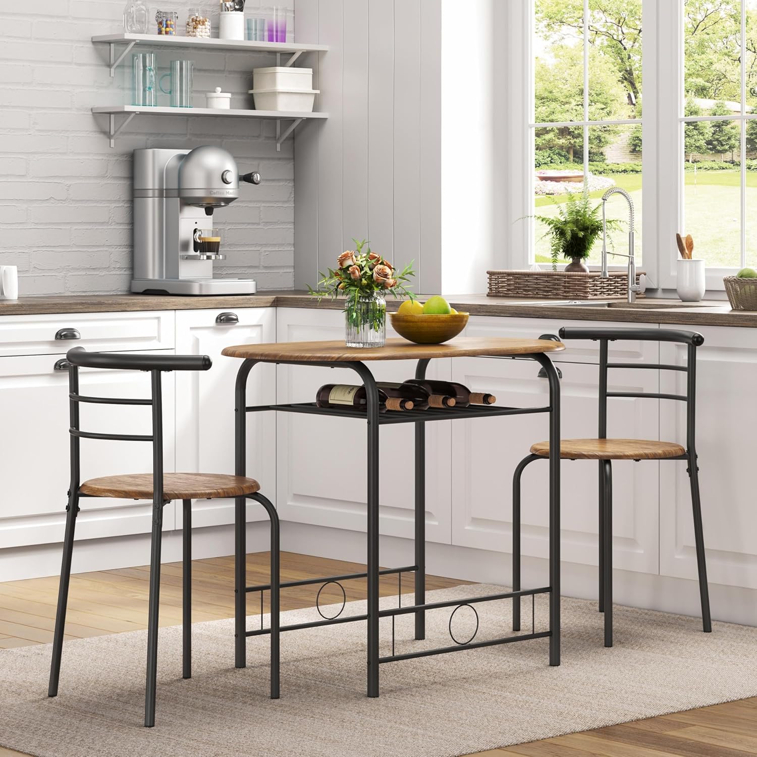 Yaheetech - Ensemble table ronde 3 pièces - 90x53x75,5 cm - bois MDF métal, porte-bouteilles