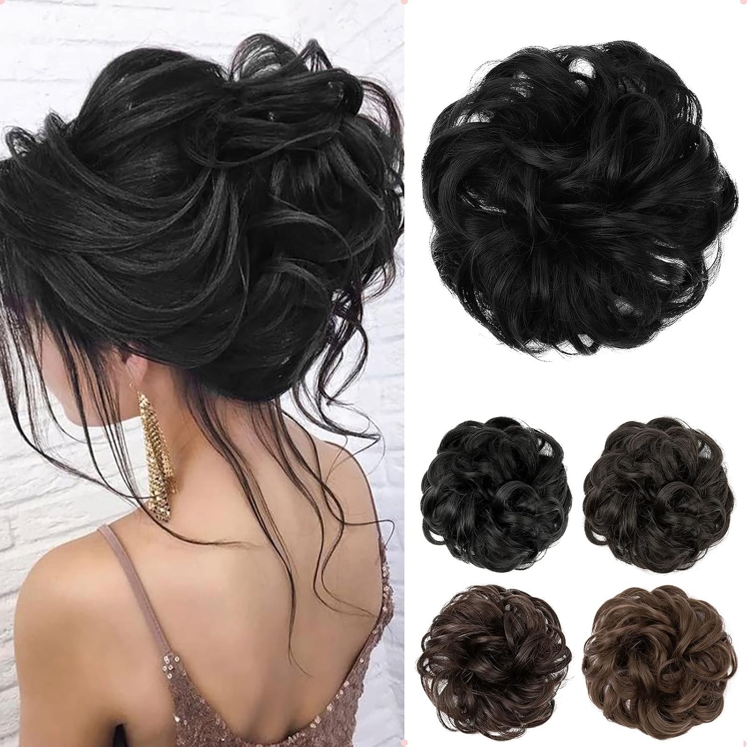 JJstar - Chignon postiche bouclé, cheveux naturels, élastique, noir foncé