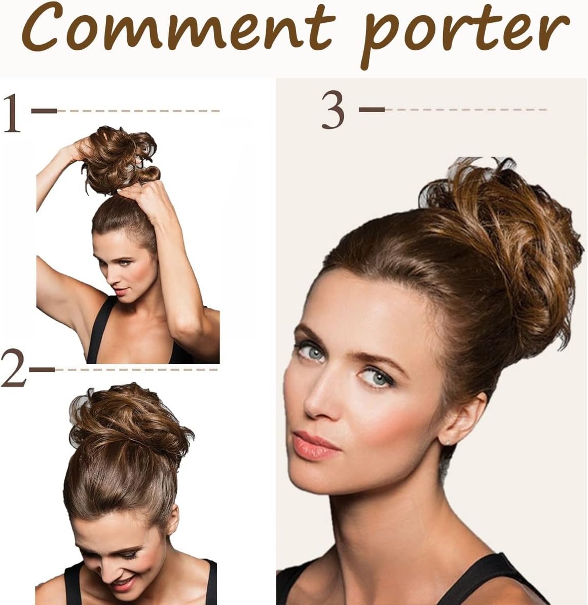 JJstar - Chignon postiche bouclé, élastique, cheveux naturels, mélange brun blond