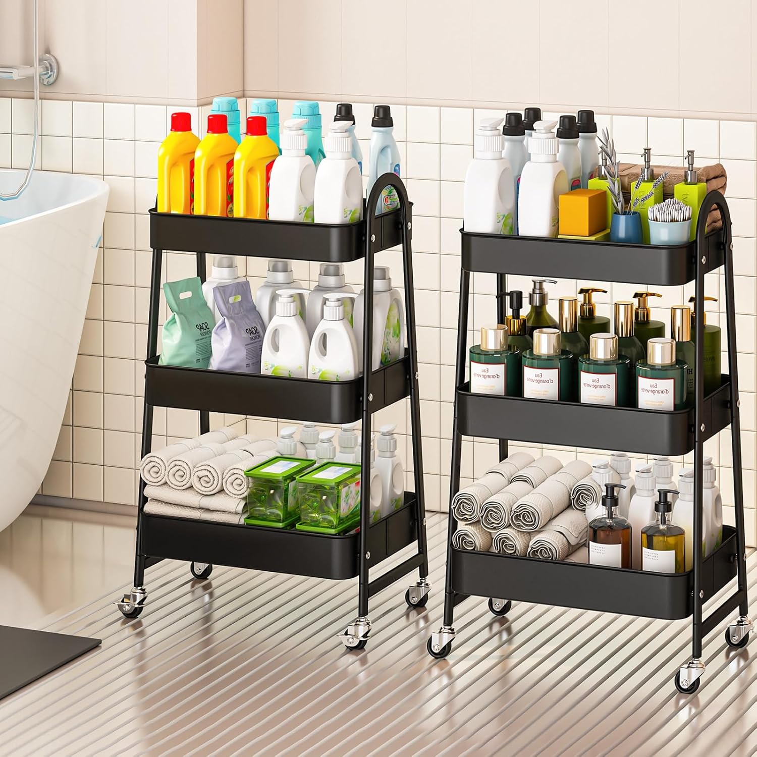 Chariot de rangement - 3 étages - métal, roulettes, polyvalent, noir