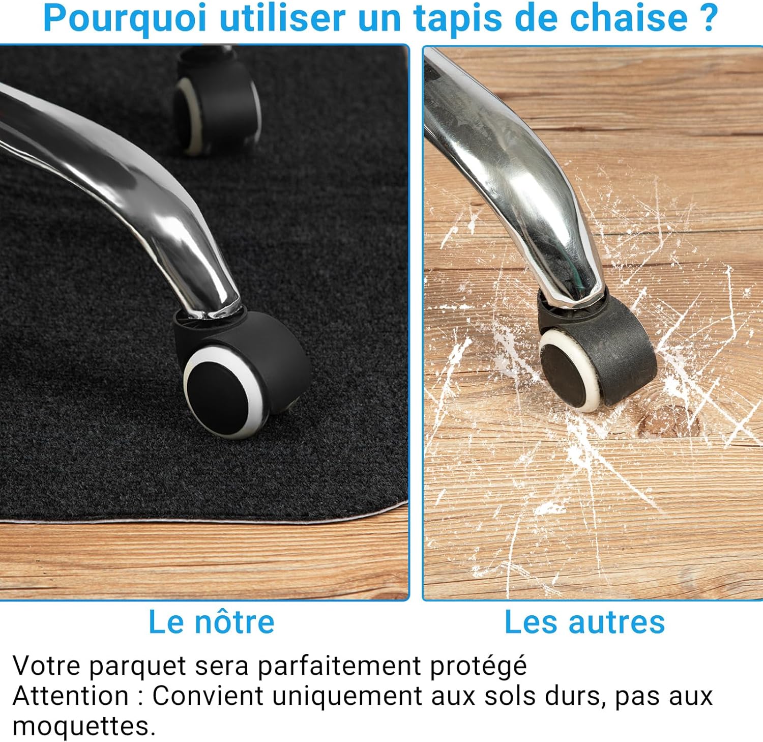 COSYLAND - Tapis chaise bureau - 90x120 cm - antidérapant, protège sols durs, facile à nettoyer, noir - 1.0