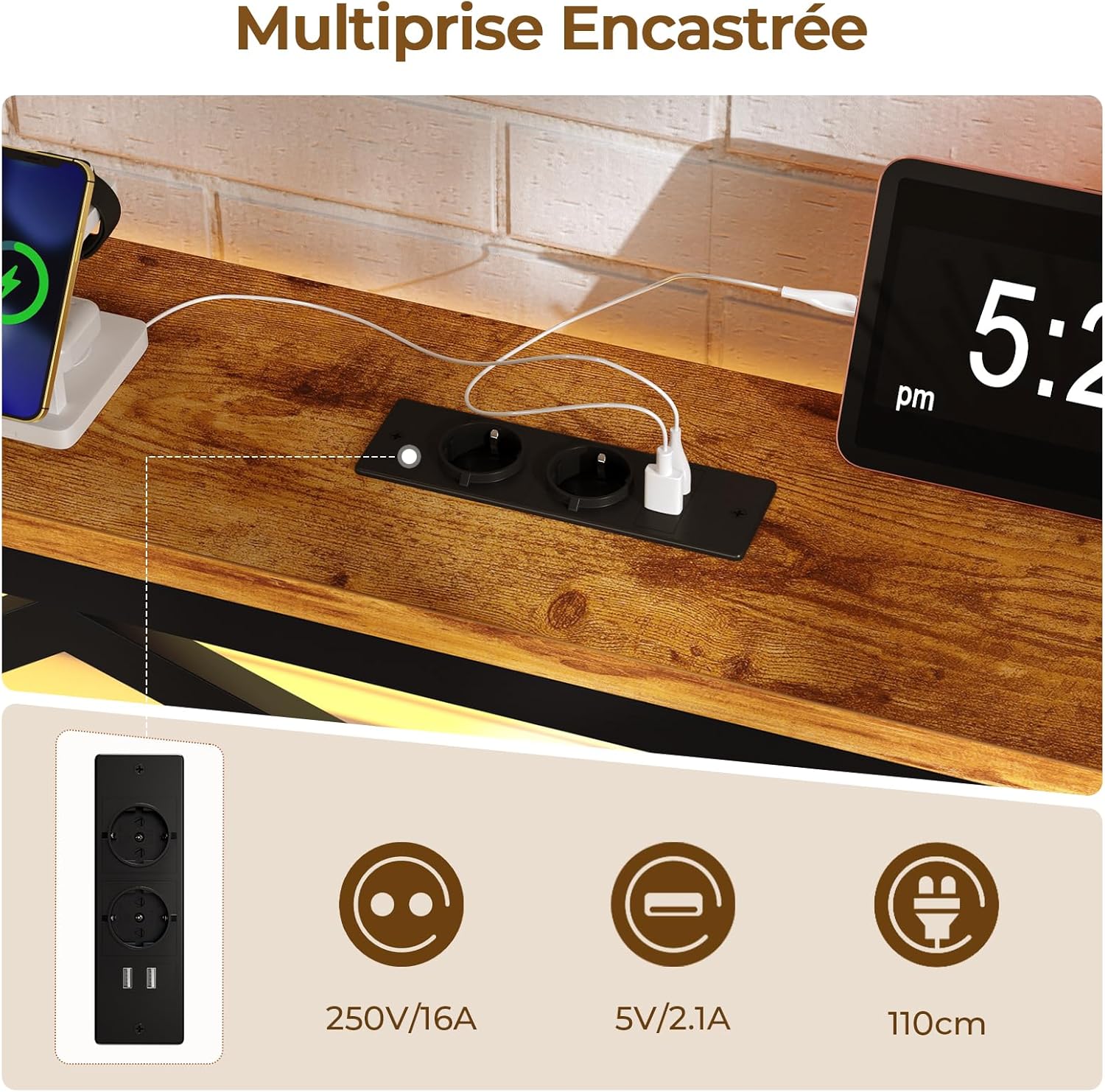 DICTAC – Lit double LED 160x200, métal, ports USB, rangement, LitLED160x200