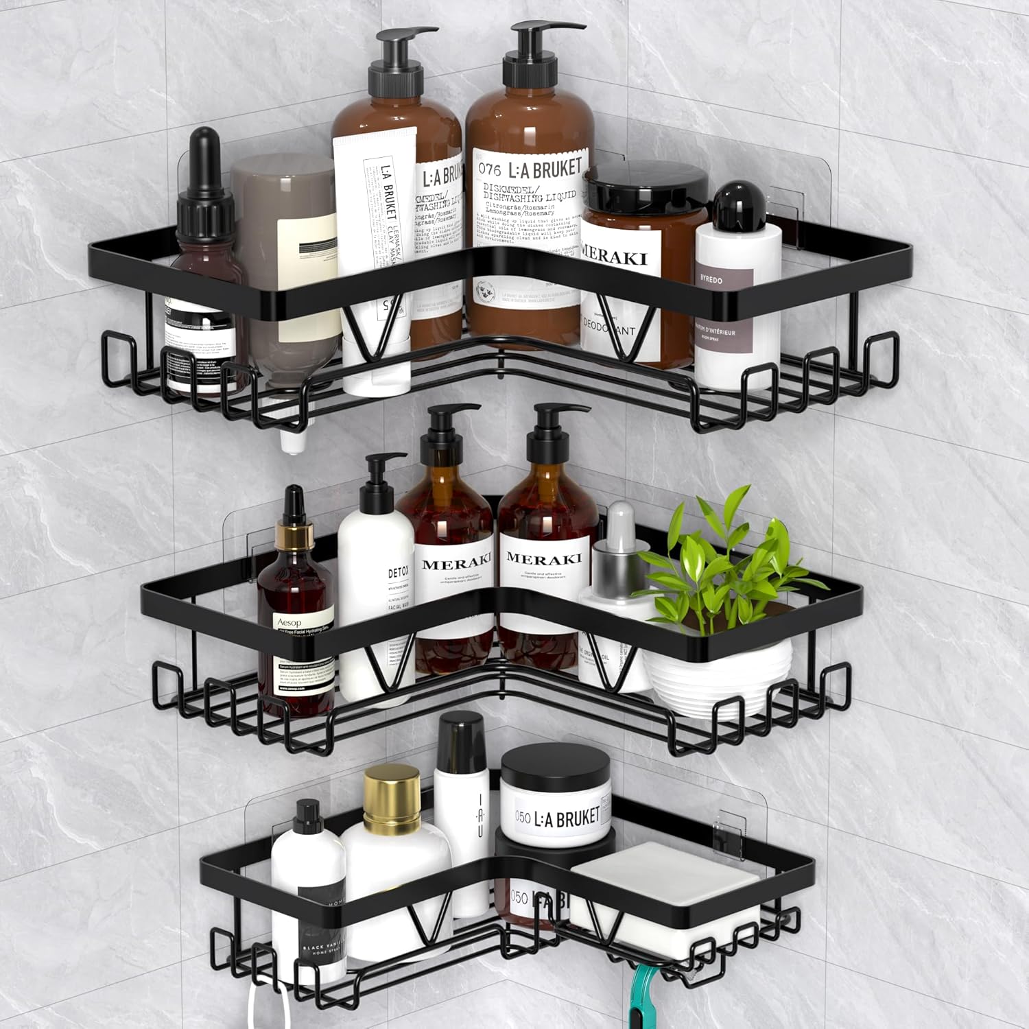 Etagere douche - 3 pièces, angle, sans perçage, noir, rangement optimisé