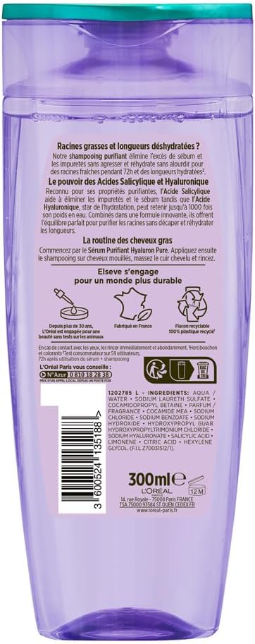 L'Oréal - Elseve Hyaluron Pure - 300 ml - Shampooing purifiant acide salicylique/hyaluronique, 72H cuir chevelu gras
