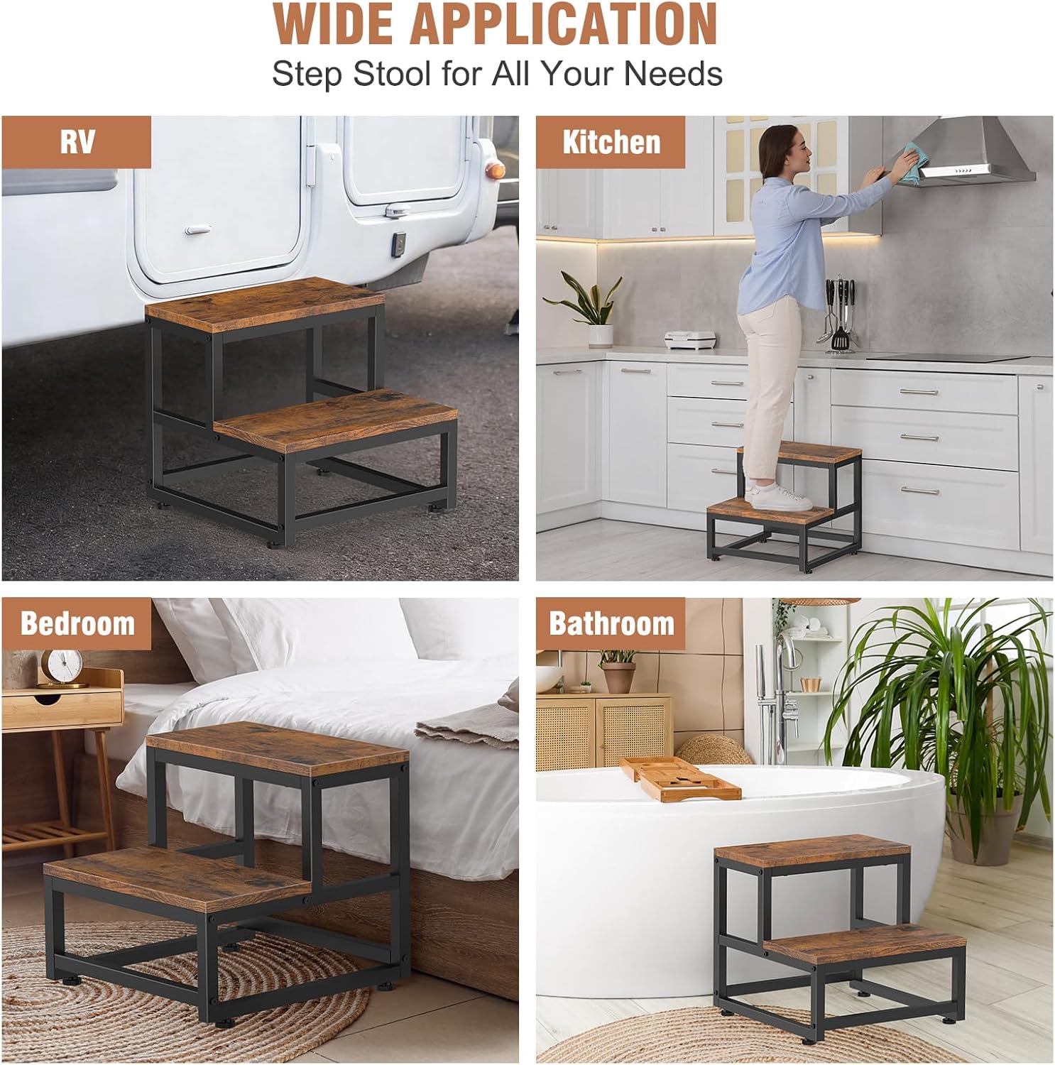 LIANTRAL - marchepied 2 niveaux - acier/bois - charge 200kg, marron/noir