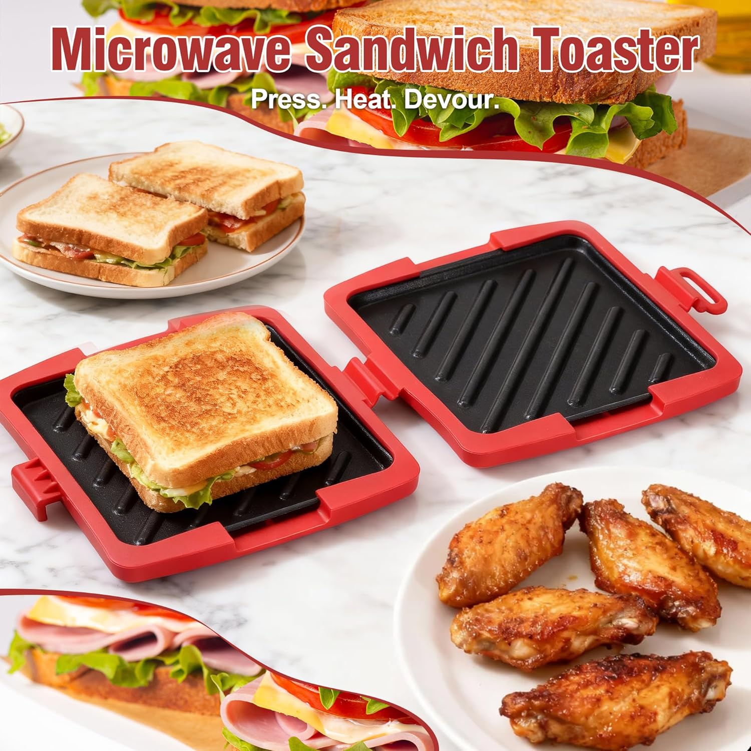 Appareil à croque-monsieur - 16x16 cm - plaques amovibles aluminium, coque silicone, usage micro-ondes