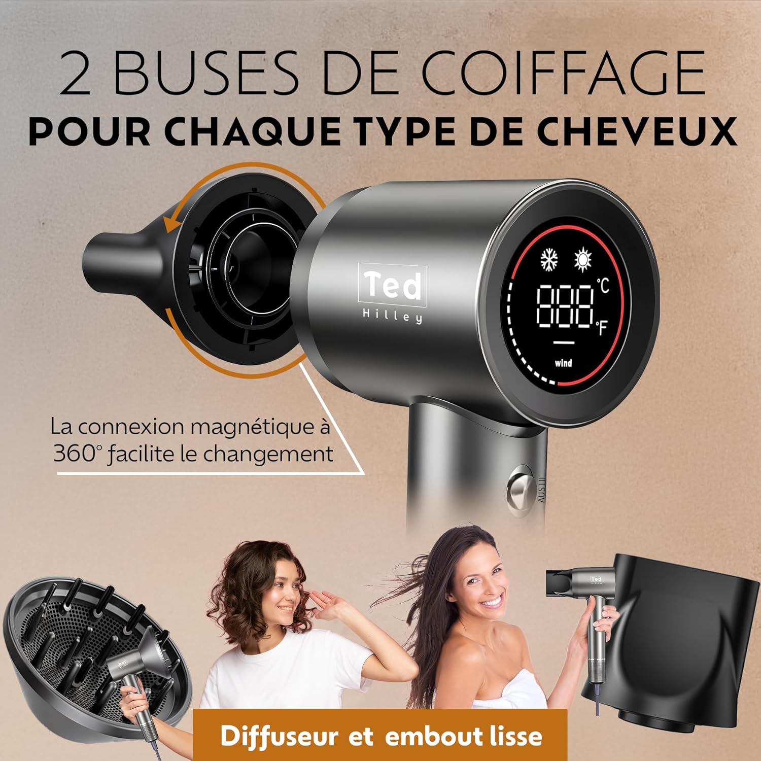 Sèche-cheveux ionique pro - diffuseur - compact - brillance, anti-frisottis