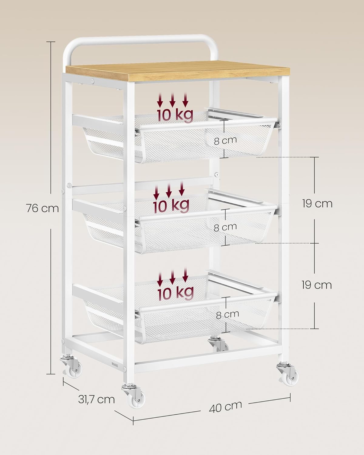 VASAGLE - chariot 4 niveaux, 31,7x40x76cm, paniers, roulettes, LRC040Y01