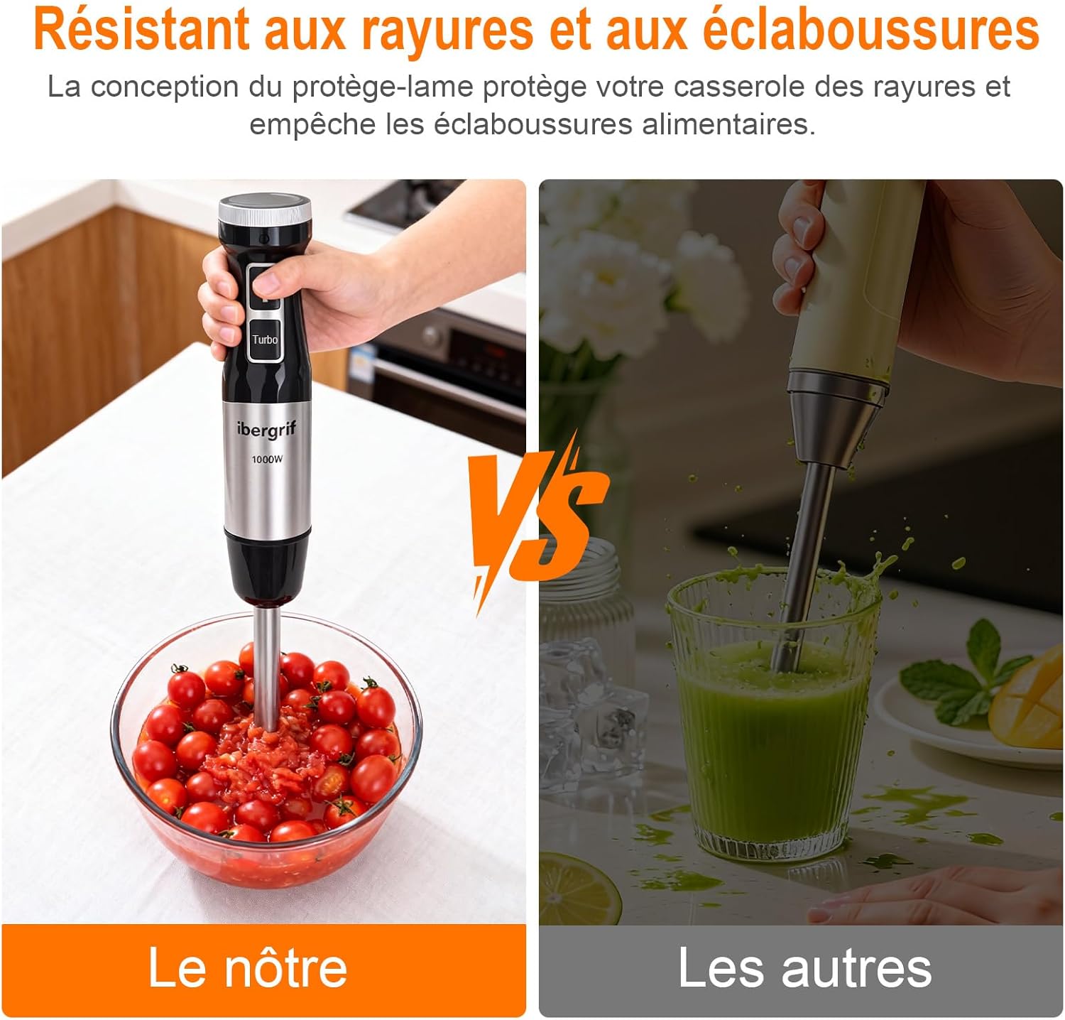 Ibergrif - Mixeur plongeant 4-en-1 acier inox, 1000W, turbo, réglage vitesse