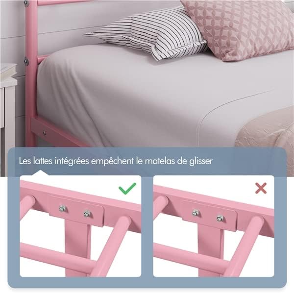 Yaheetech - lit simple métal - 90x190 cm - montage facile, rose
