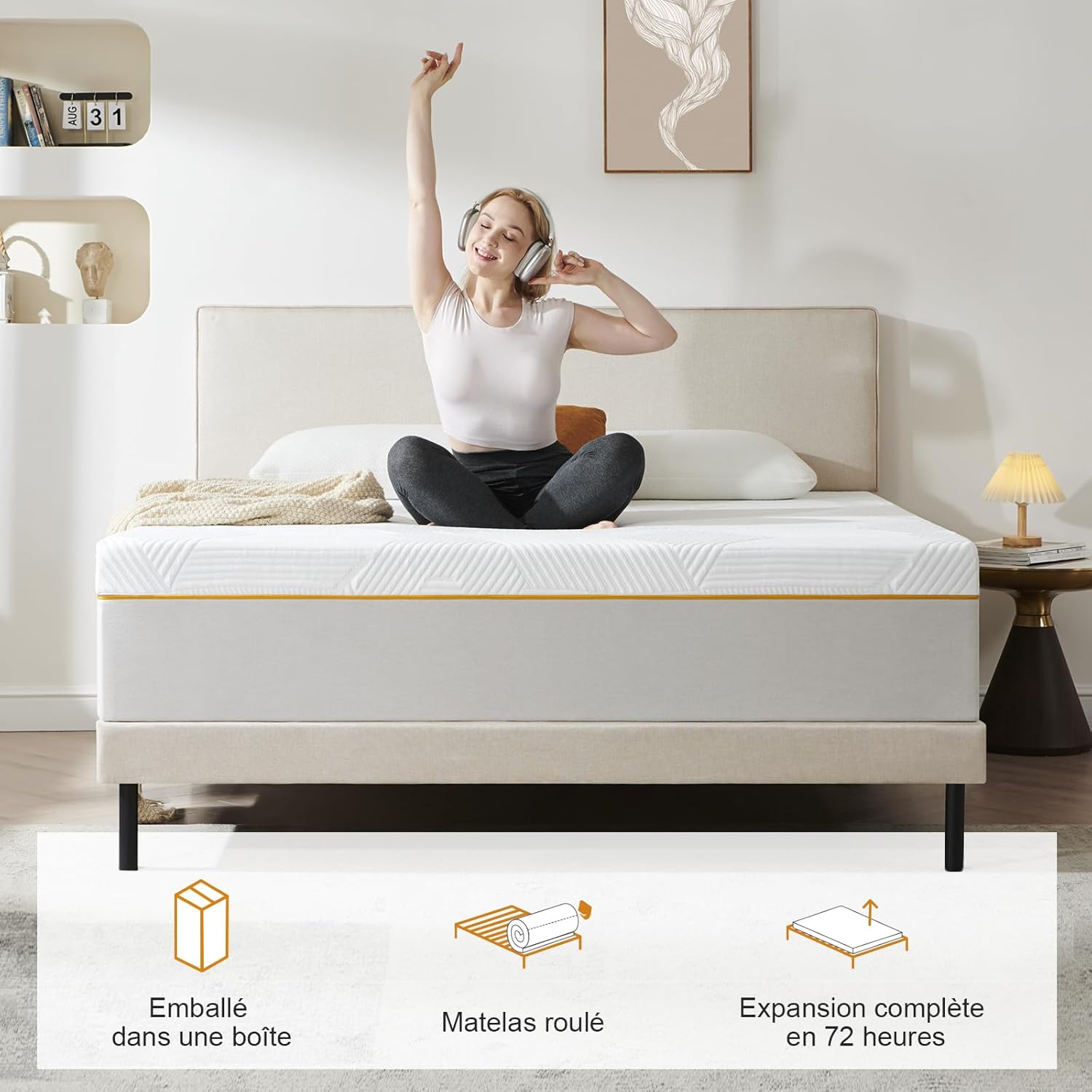 Matelas - mousse mémoire de forme - 120x190x16cm - fermeté moyenne, 7 zones, réversible