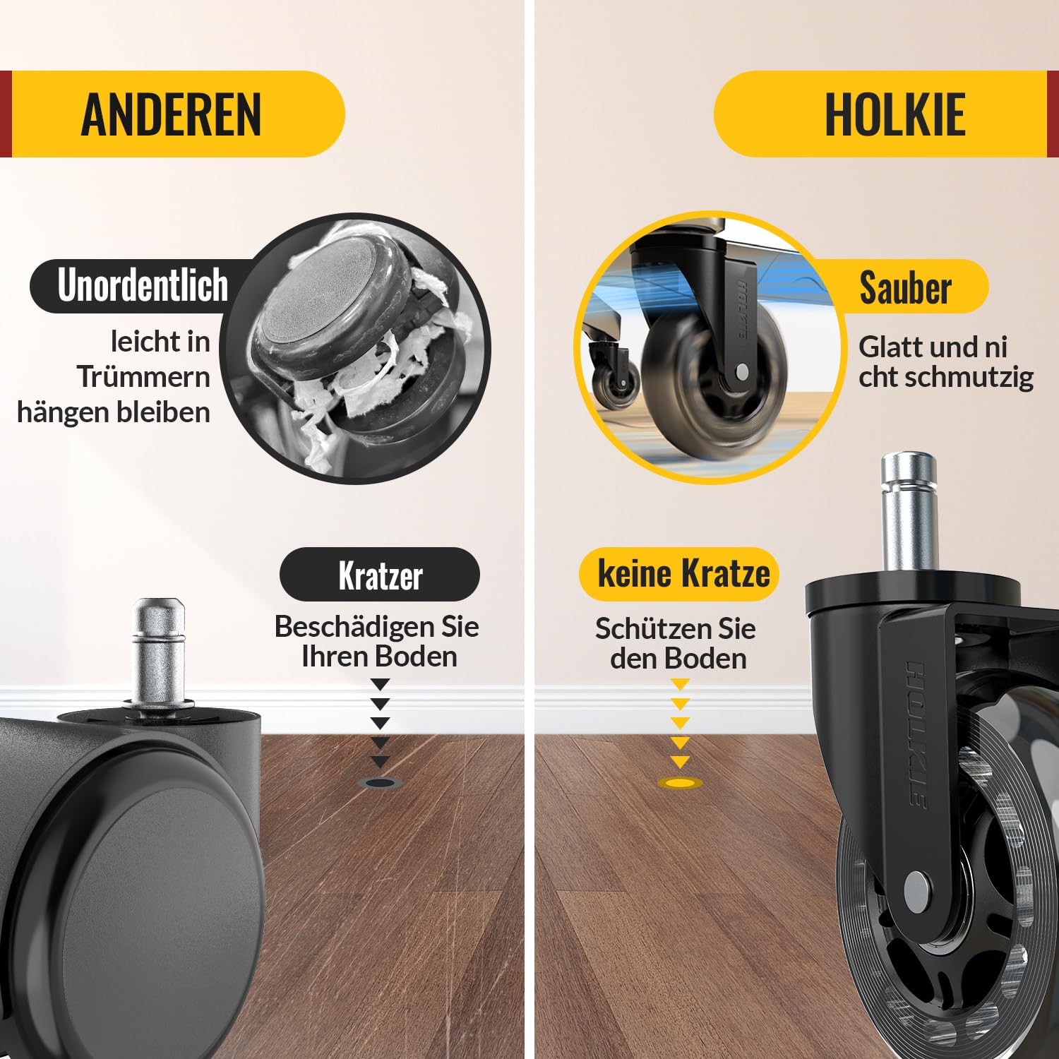 HOLKIE - roulettes chaise bureau - 11x22mm - caoutchouc, lot de 5