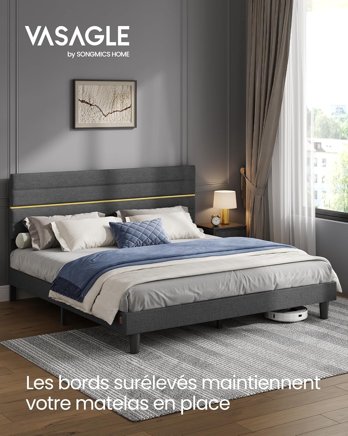 VASAGLE - lit double rembourré, 180x200 cm, métal, bois, gris, RMB508G01V1