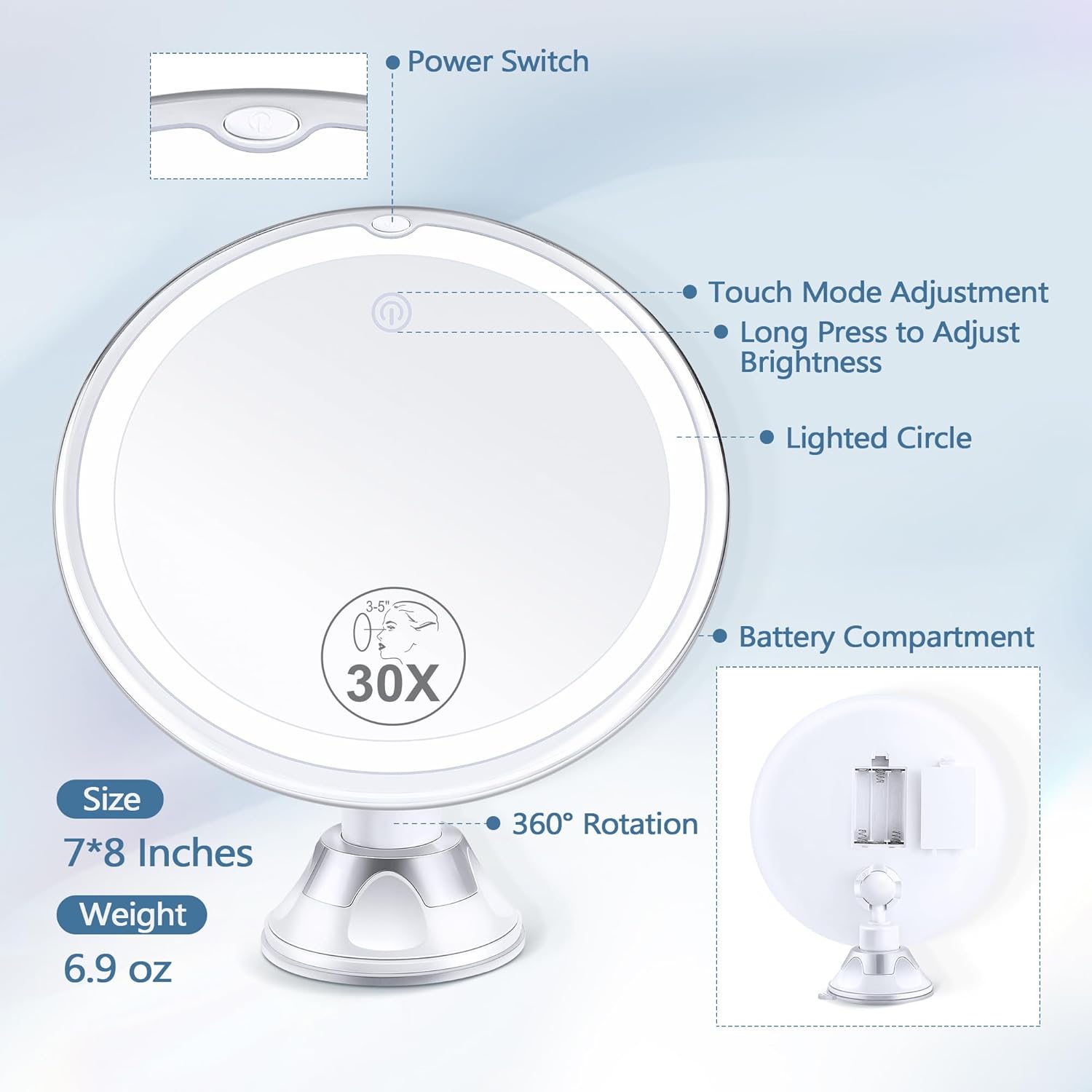 MIYADIVA - miroir grossissant 30X - 20cm - ventouse, 3 couleurs, luminosité réglable, sans perçage