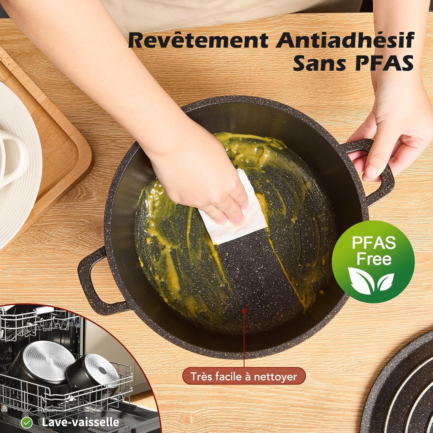 Cocotte en fonte d’aluminium - 28cm - 6,3L, antiadhésif, induction, couvercle