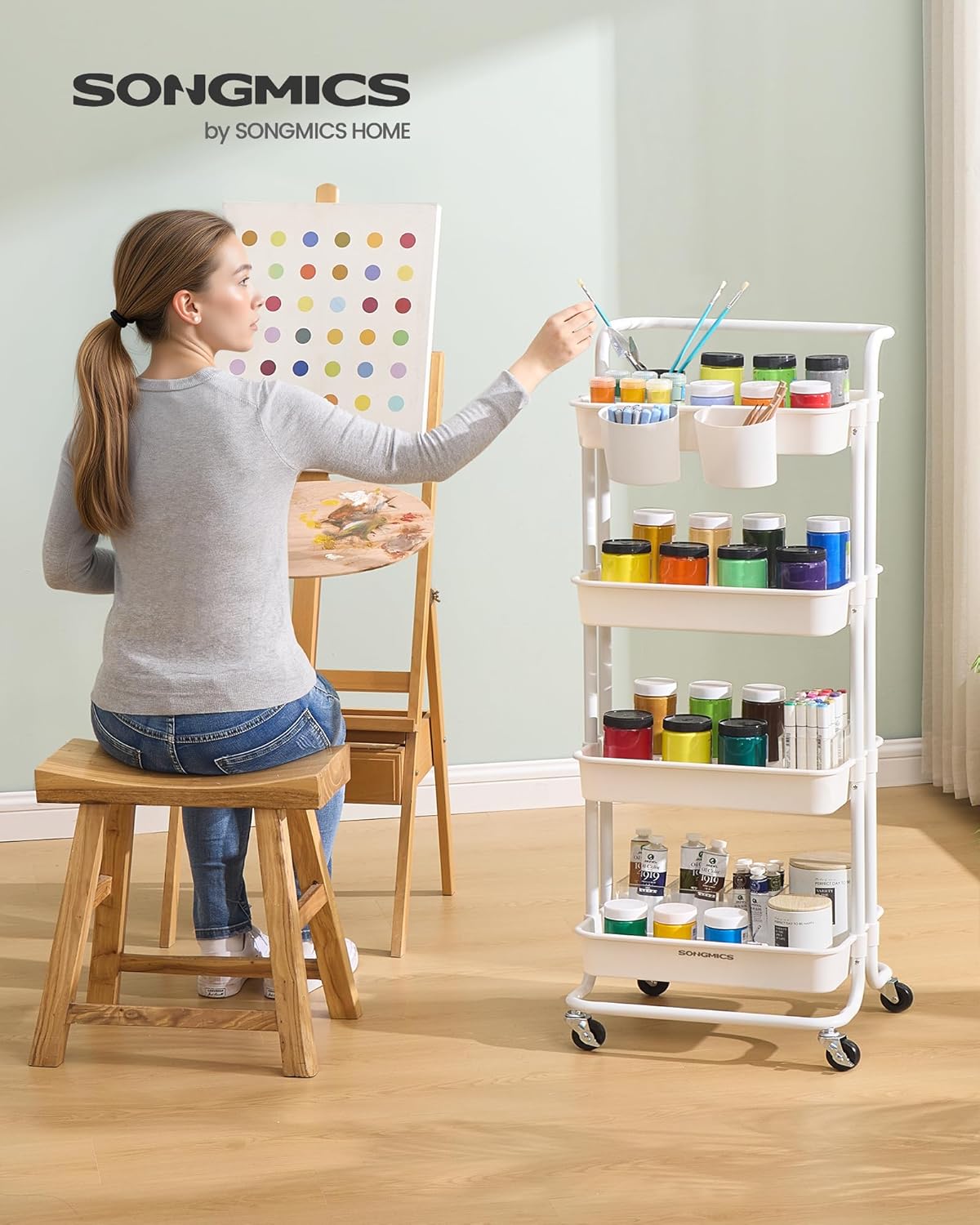 SONGMICS - Chariot de rangement 4 niveaux - poignées, roulettes, 2 pots, 2 freins - Blanc - BSC077WZ01