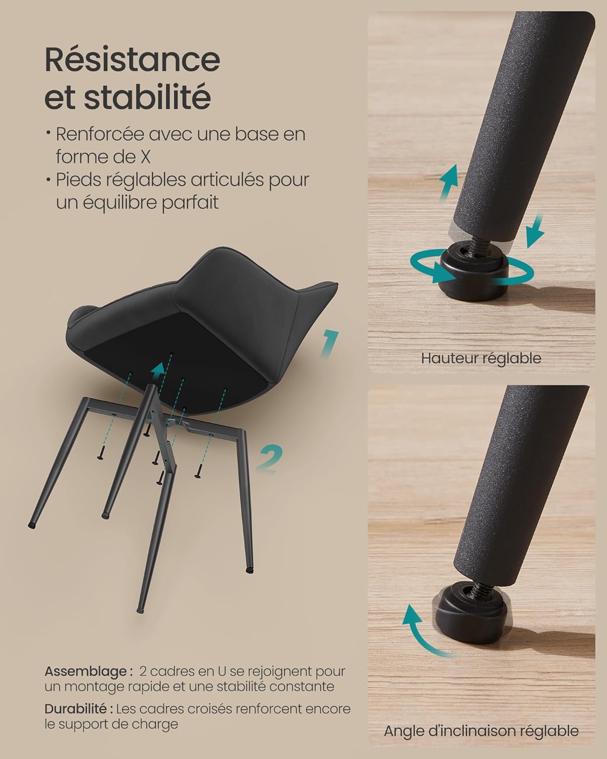 SONGMICS - chaise salle à manger, velours, pieds métal, 49 cm, 120 kg, LDC088B01