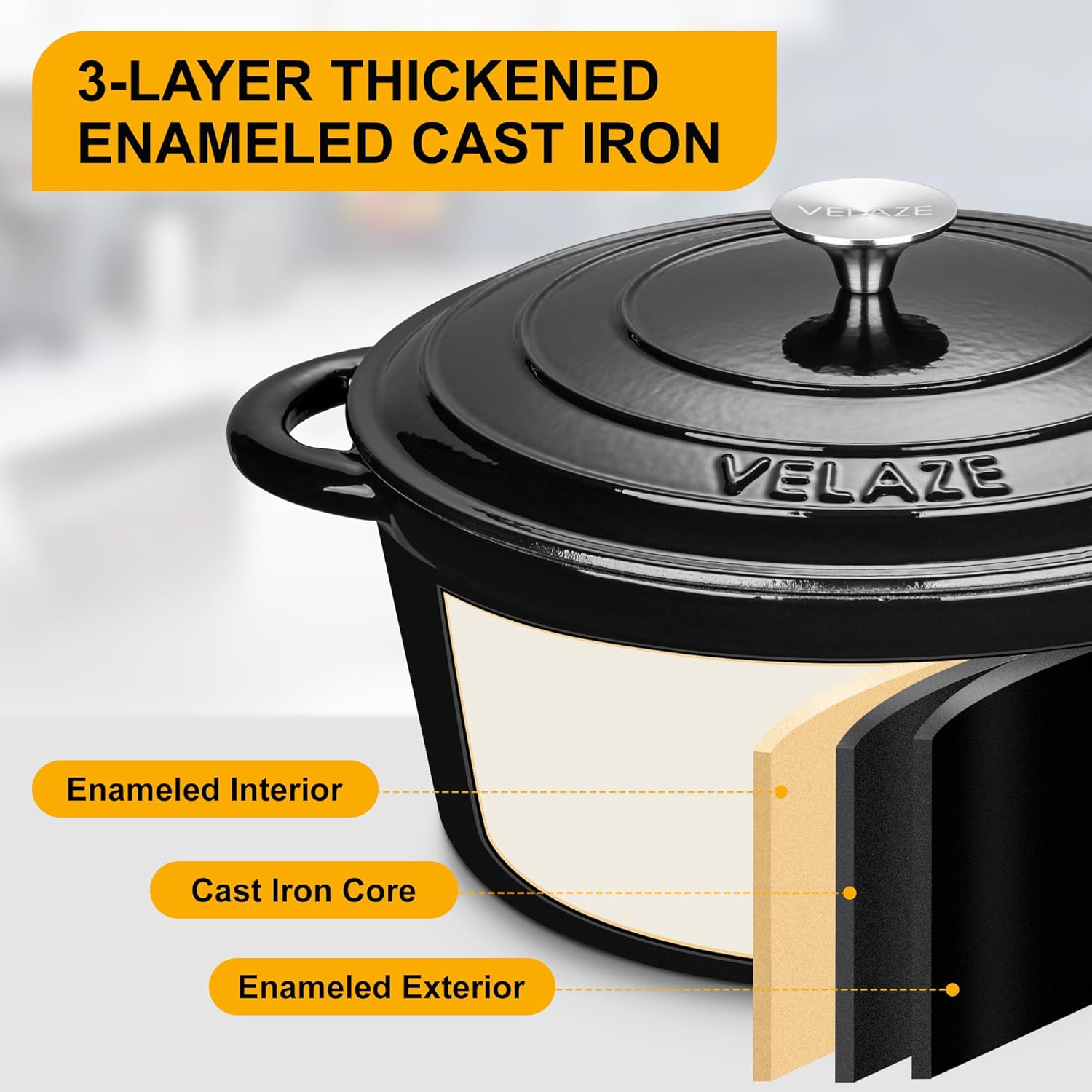 Velaze - Gusseisen Topf 29cm - 6,5L - Emaille, mit Deckel, alle Herdarten