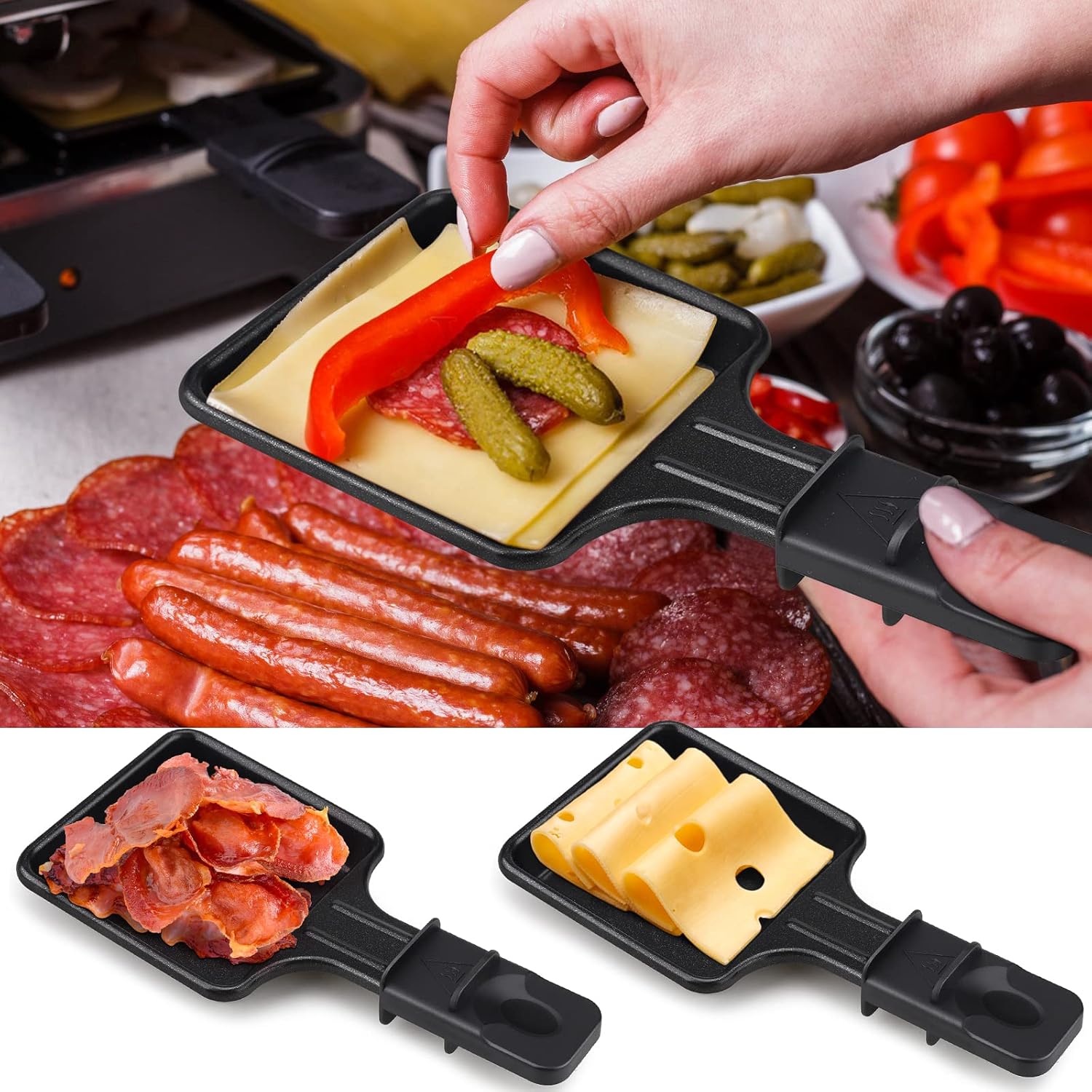 Mini Raclette Set 4 poêlons antiadhésifs, plateaux bois, portable