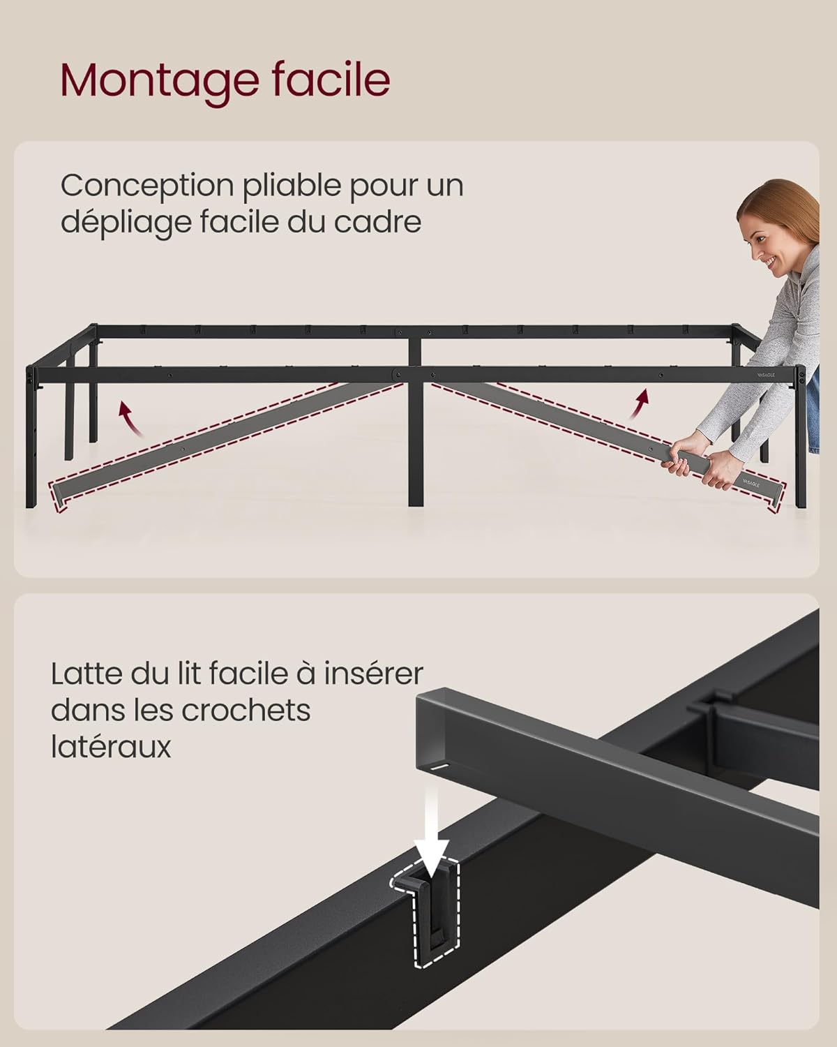VASAGLE - cadre de lit 140x190 cm - métal, rangement, montage facile - RMB133B01