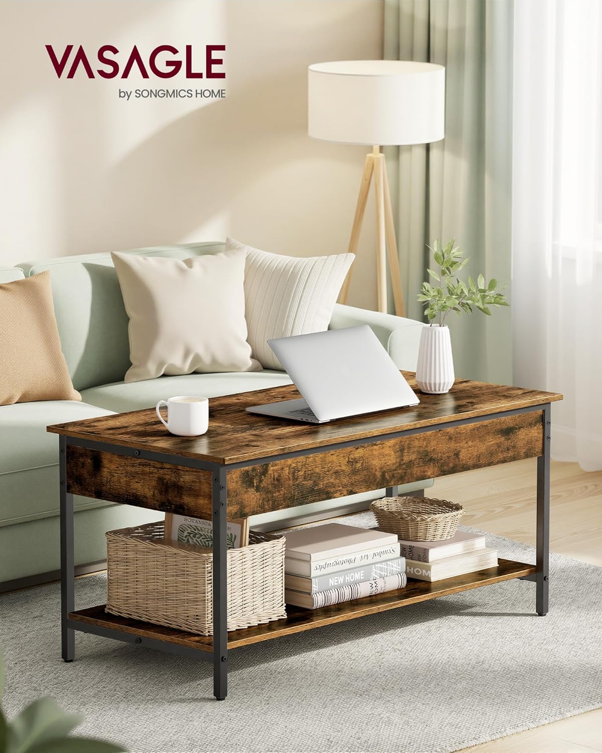 VASAGLE - Table basse relevable, 100x50cm, rangements, LCT261KD02