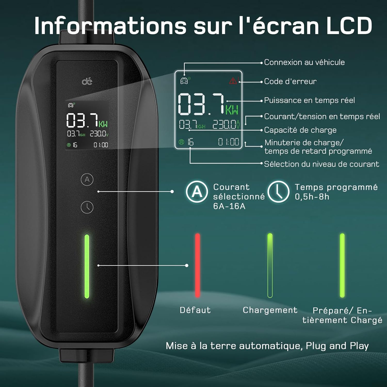 Chargeur voiture électrique - Type 2 - 25m - 3,68kW, 16A, écran digital