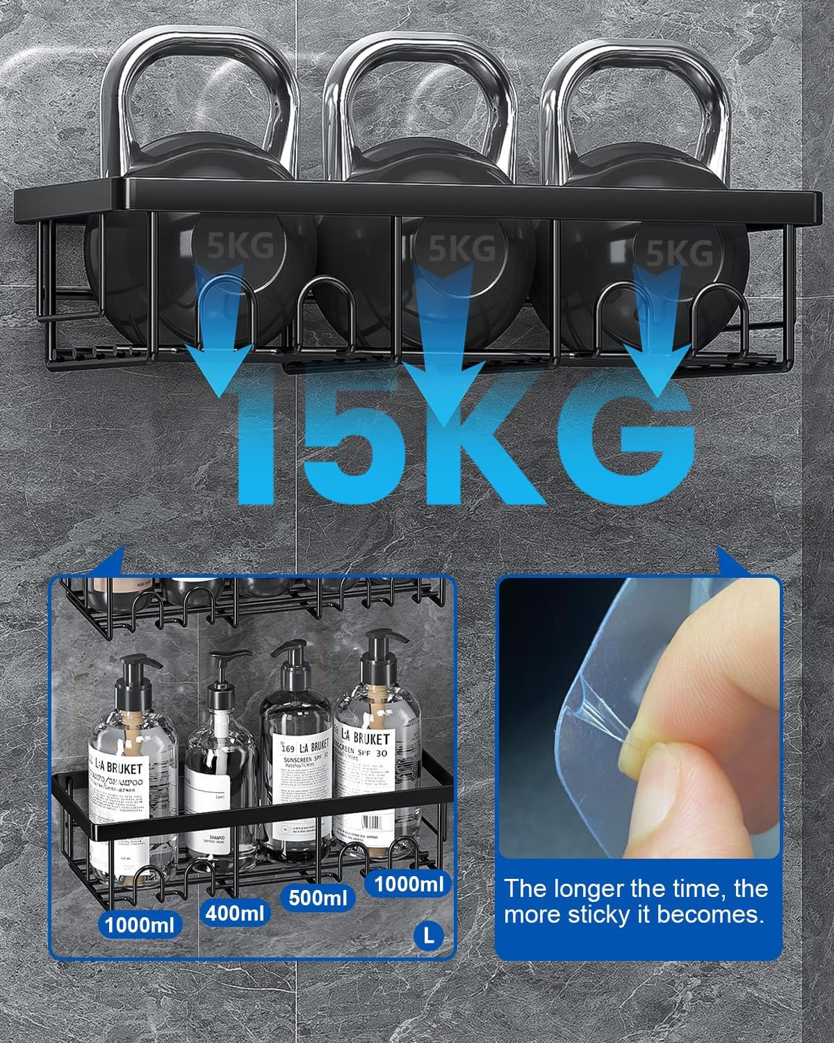 AceMining - Étagère de douche sans perçage, 3 pcs, crochets, rangement compact