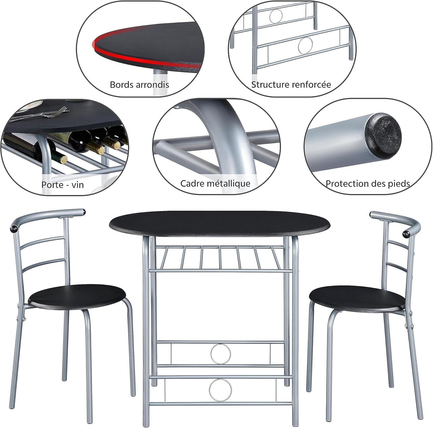 Yaheetech - Ensemble table à manger 3 pièces - 90x53x75,5 cm - MDF métal, 2 chaises, porte-bouteilles