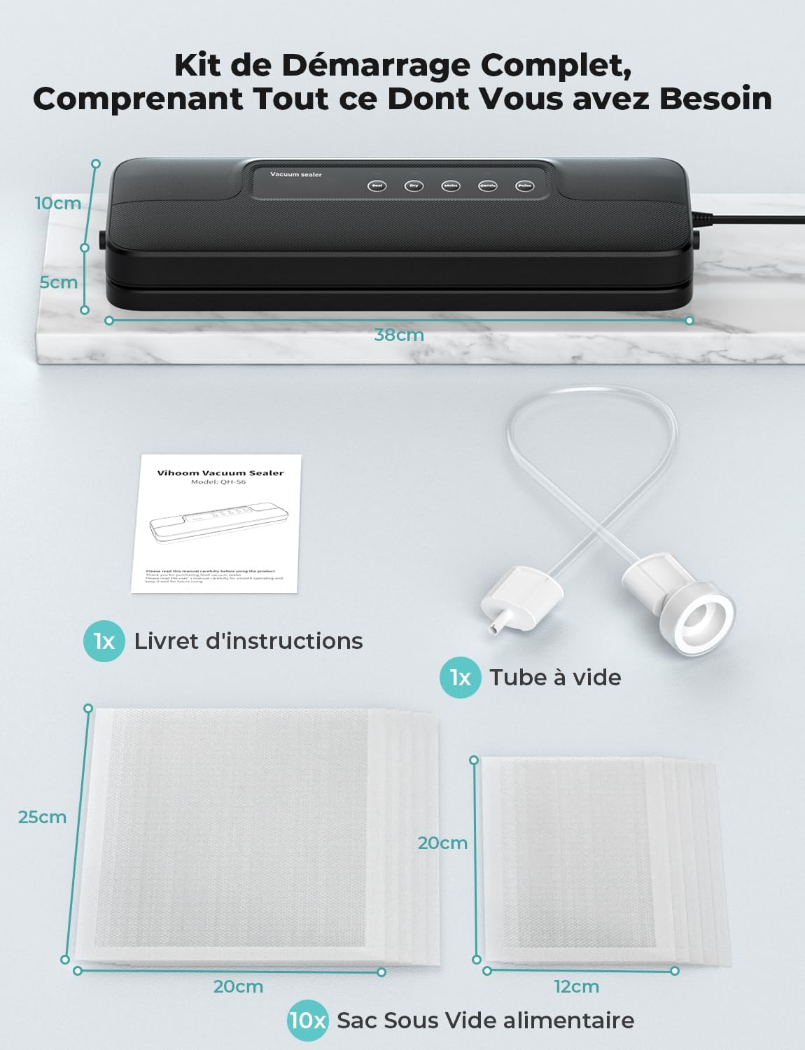 Machine sous vide alimentaire - 5 en 1, sec/humide, 10 sacs inclus, noir