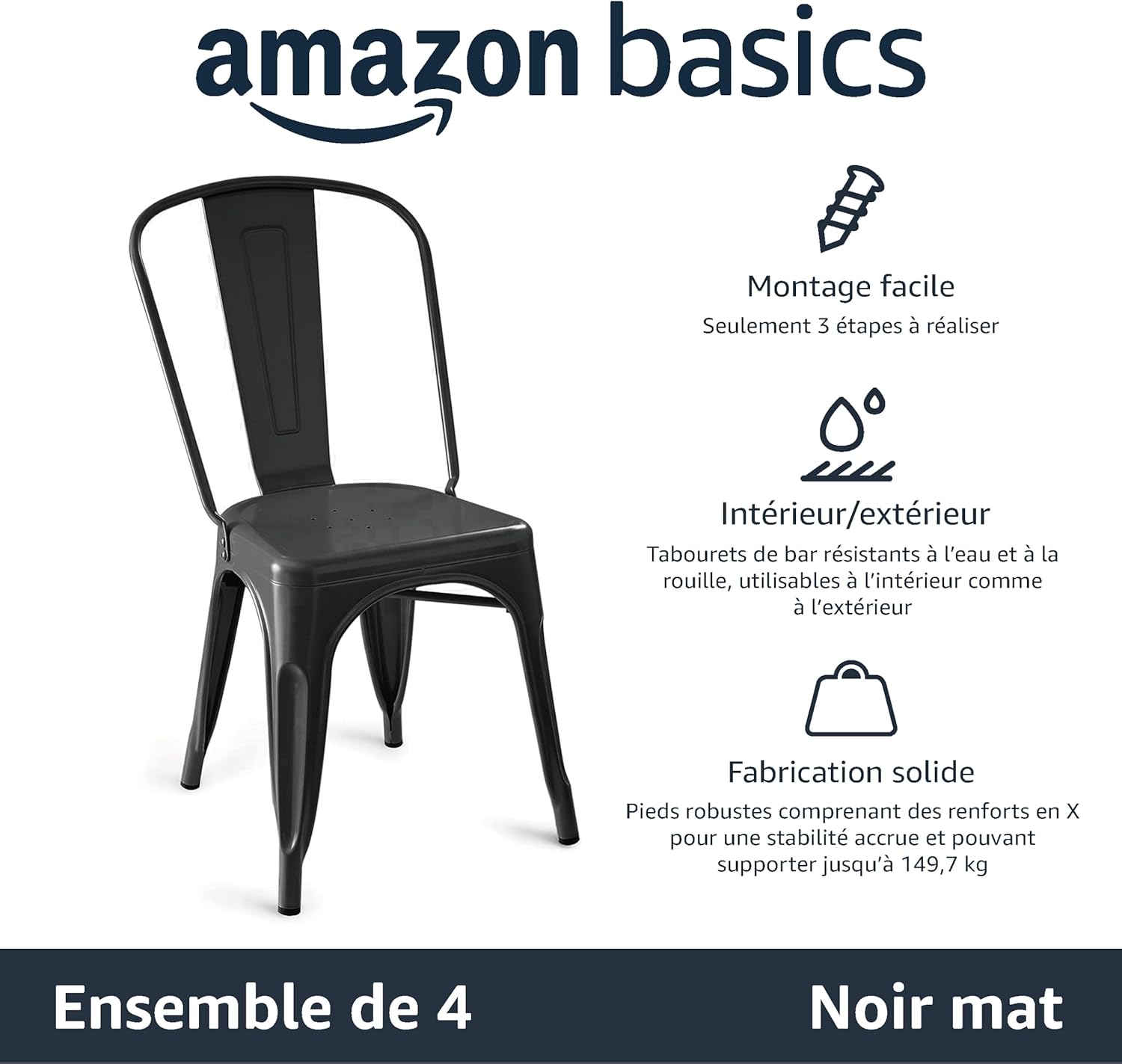 Amazon Basics - lot de 4 chaises empilables métal, 51x43x85 cm, dossier