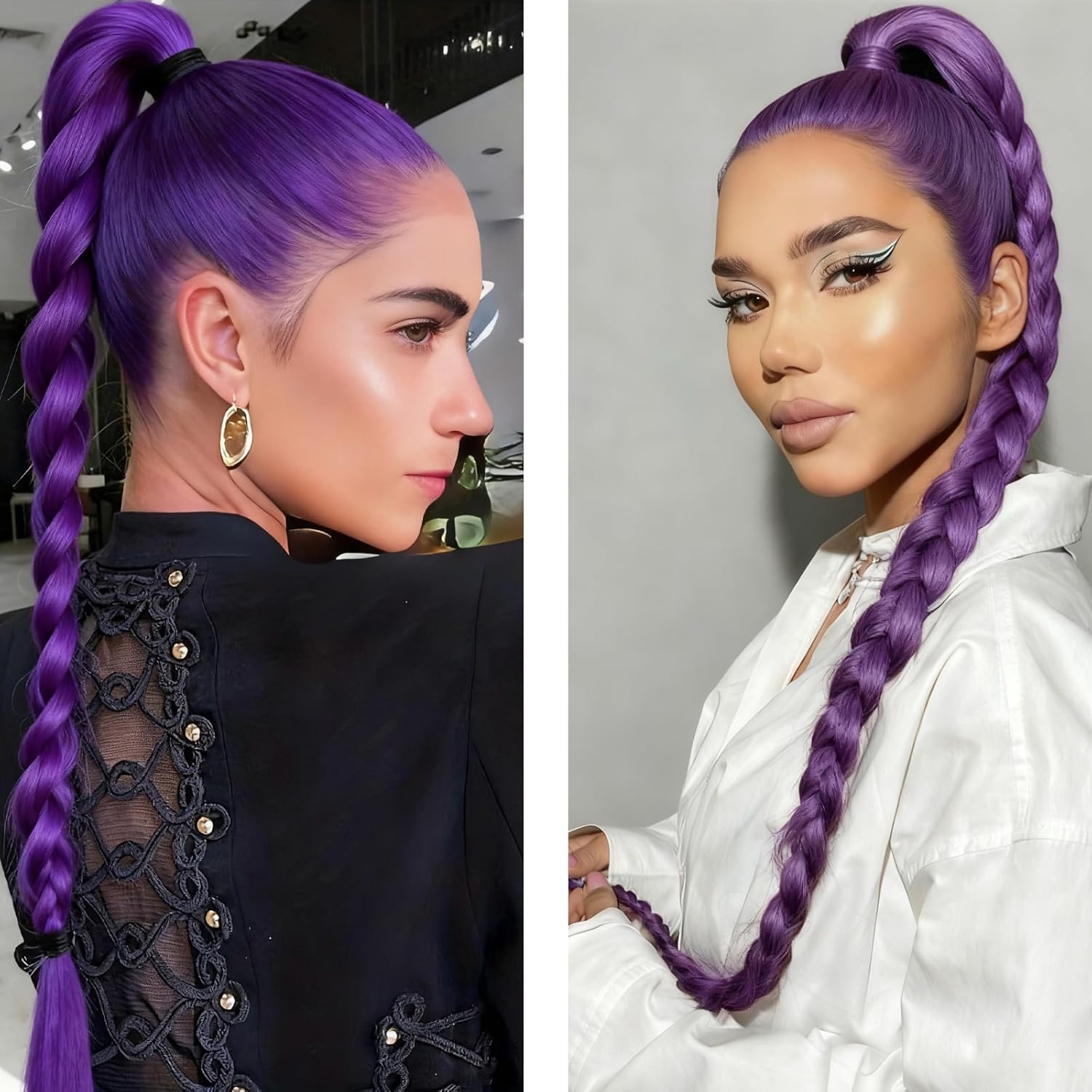 Extensions de cheveux - queue de cheval violette 24 pouces, pré-tressée, élastique, 100g, anneaux inclus