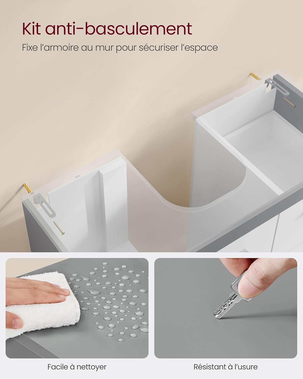 VASAGLE - meuble sous lavabo BBK504W02 - 30x70x64 cm - 3 tiroirs, 2 cases, blanc et gris
