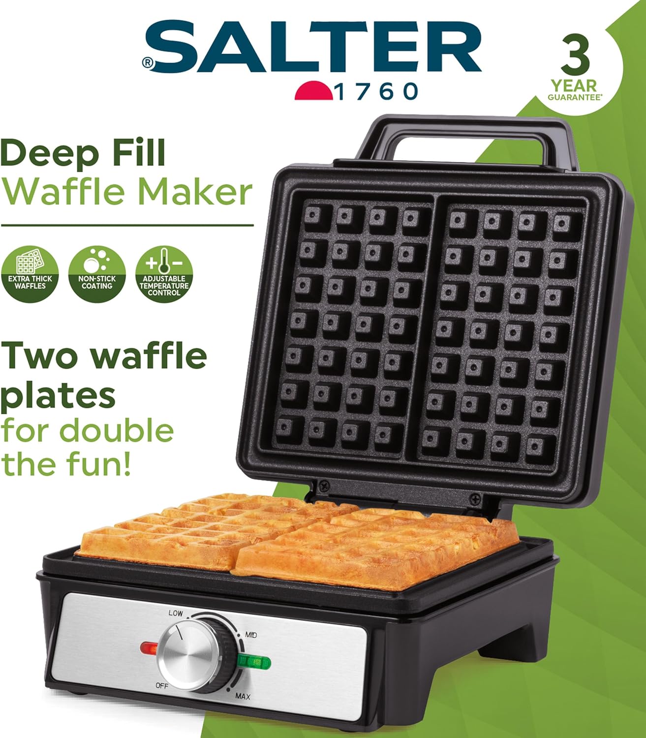 Salter - Waffle Maker Machine - plaques antiadhésives, contrôle température, poignée froide, UK plug, gaufres belges & a