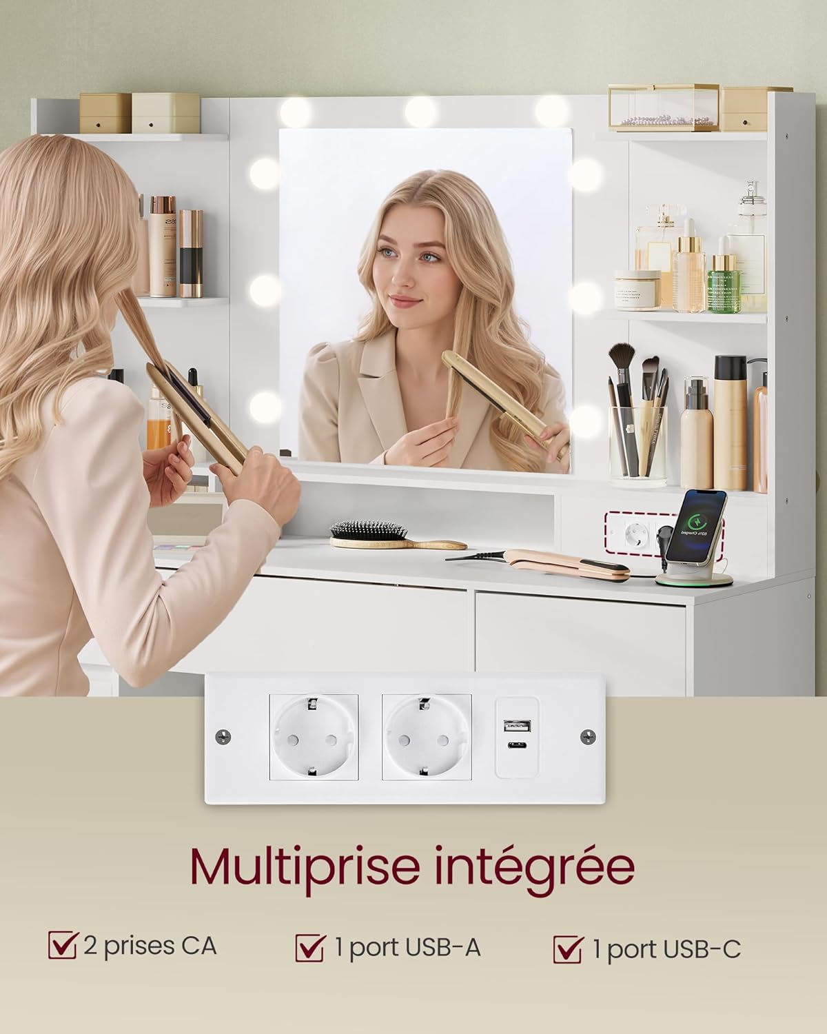 VASAGLE - Kailyn Collection coiffeuse, blanc, LED, rangements, RDT142WB02