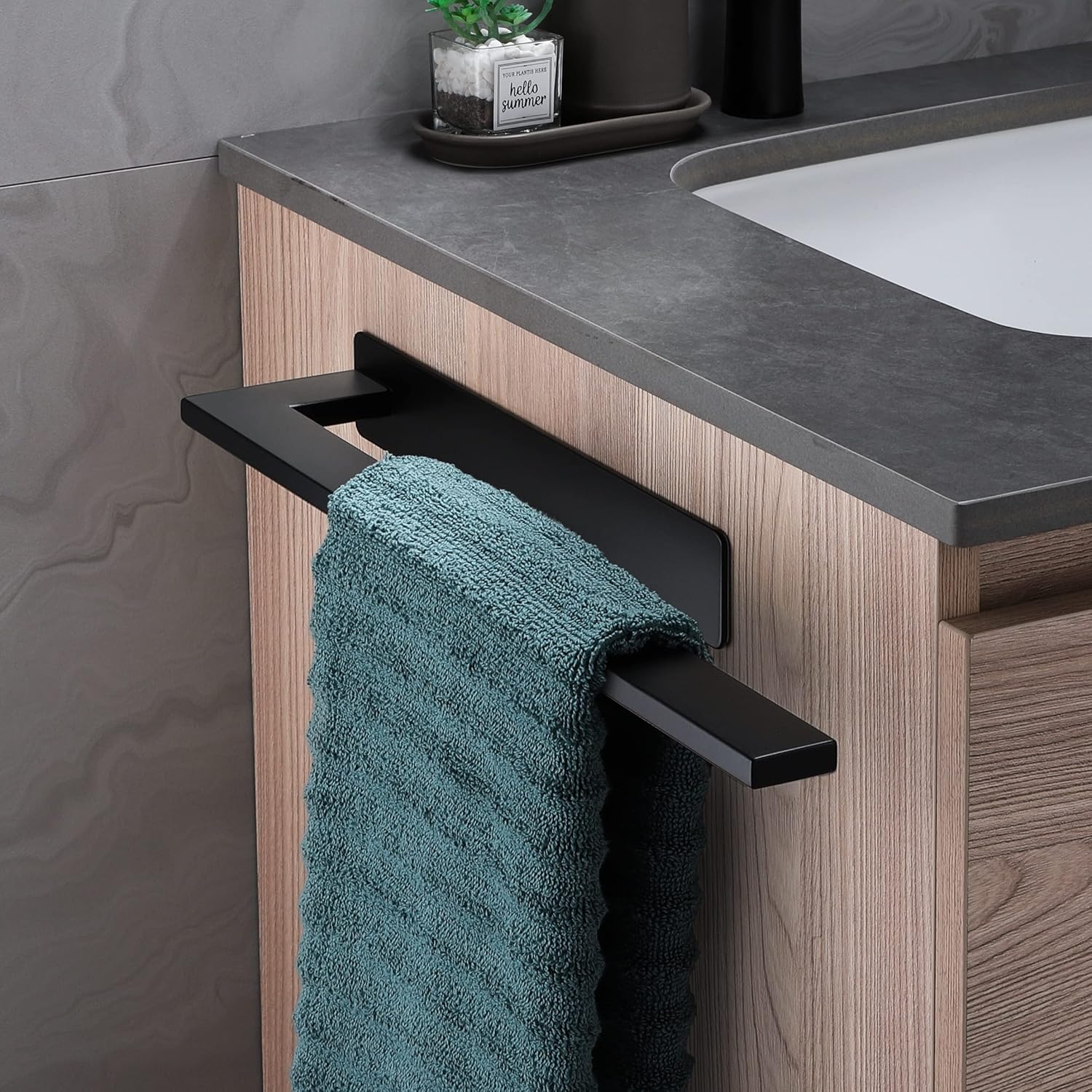 Porte-serviettes mural, acier inox, 1 bras, adhésif, noir mat