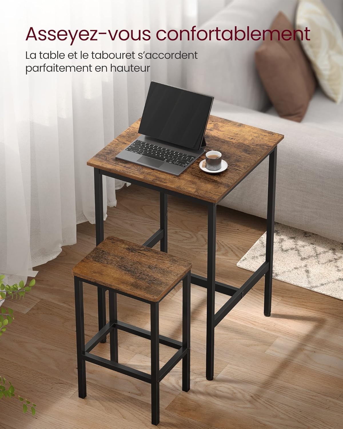 VASAGLE - Ensemble table de bar 2 tabourets, compact, bois métal, LBT017B01